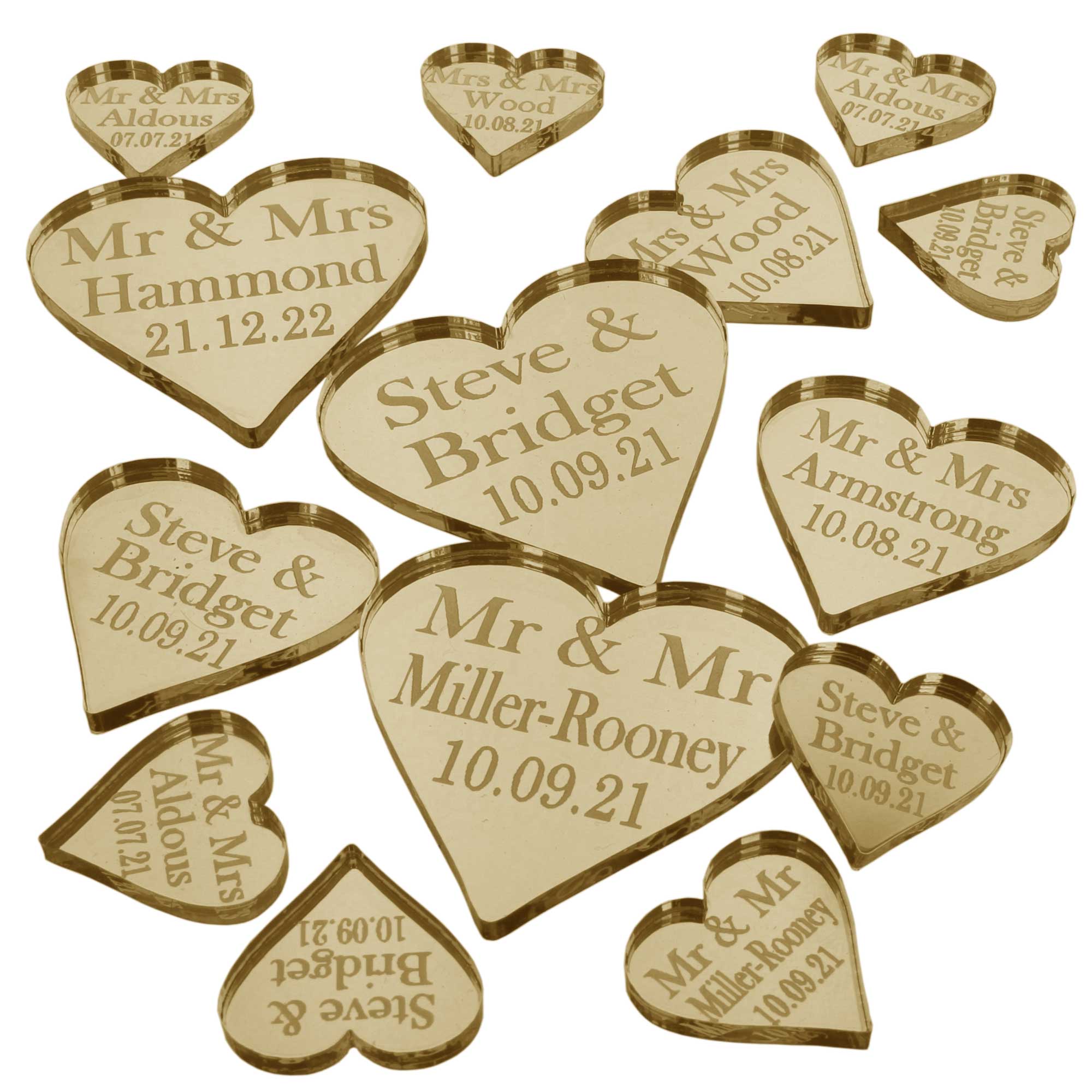 Personalised Wedding Favours - Gold Mirror Acrylic Love Hearts