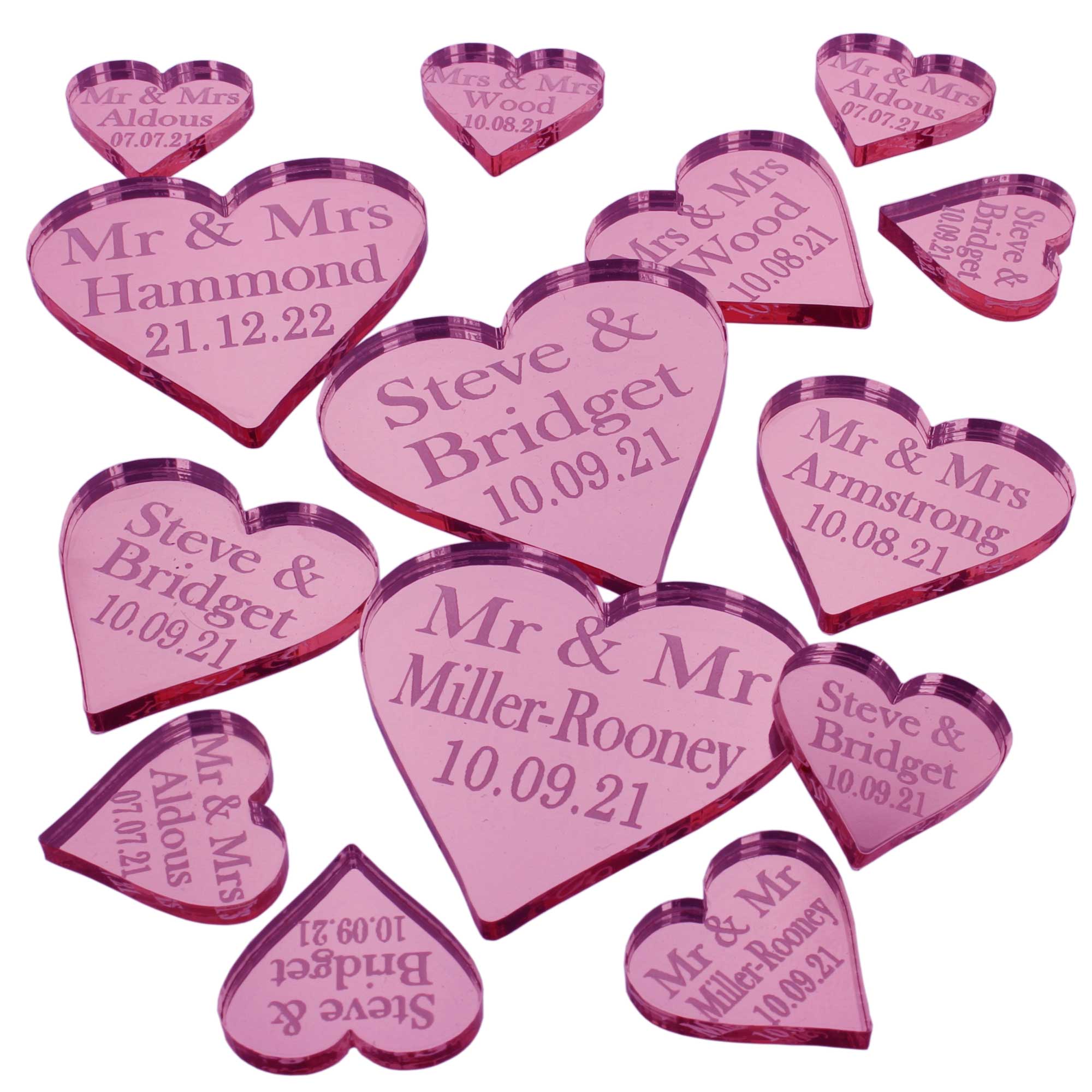 Personalised Wedding Favours - Pink Mirror Acrylic Love Hearts