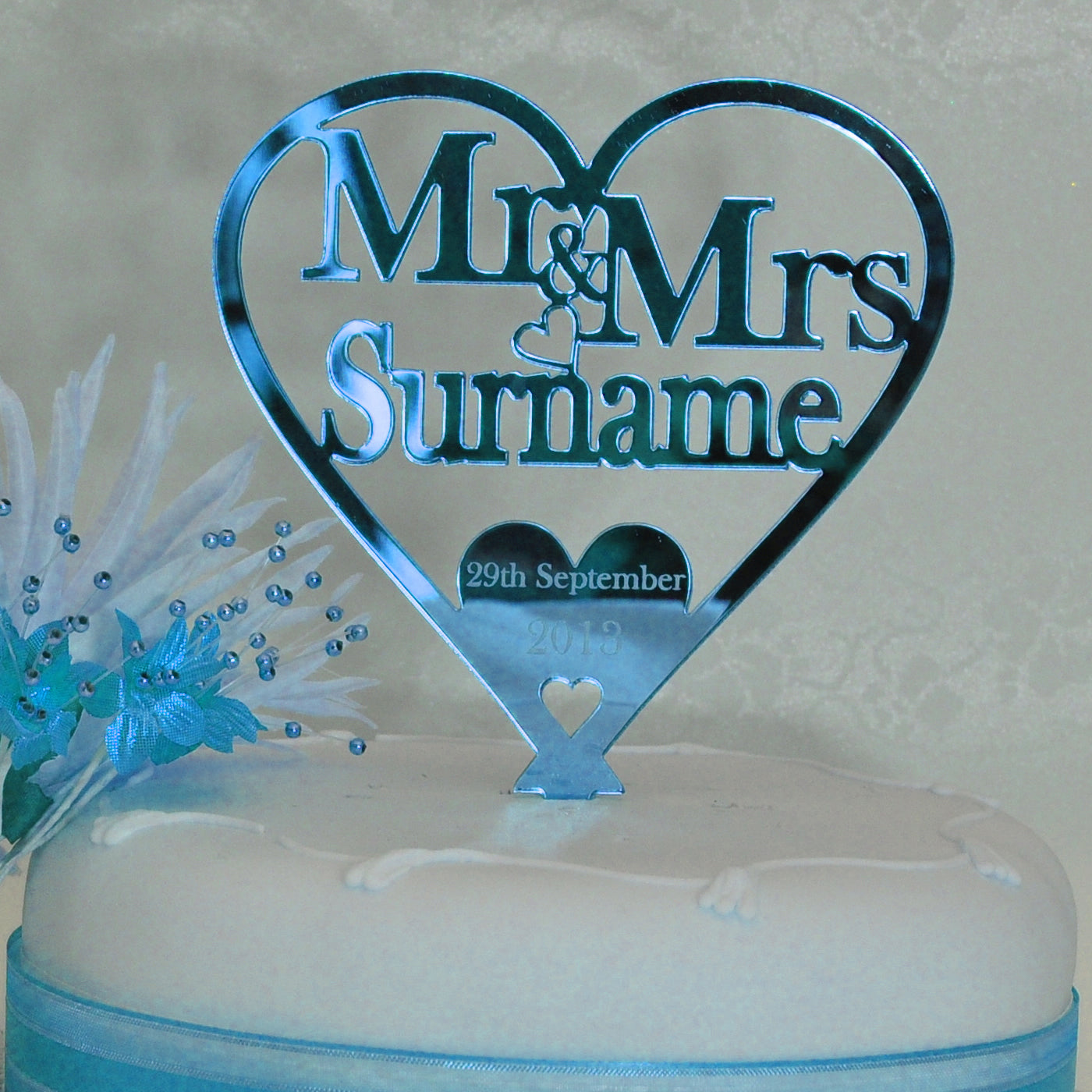 Wedding Cake Topper Love Heart Decoration - Blue Mirror Acrylic