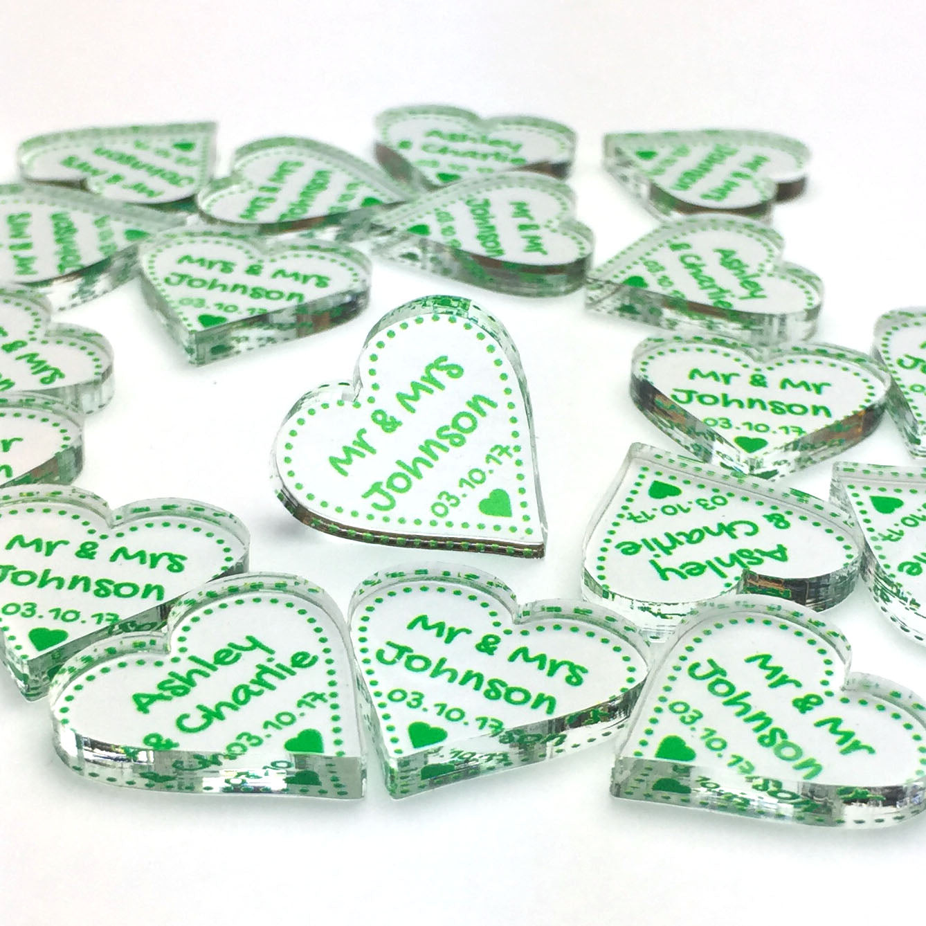 Personalised Wedding Favours - Clear Acrylic + Green Acrylic Love Hearts