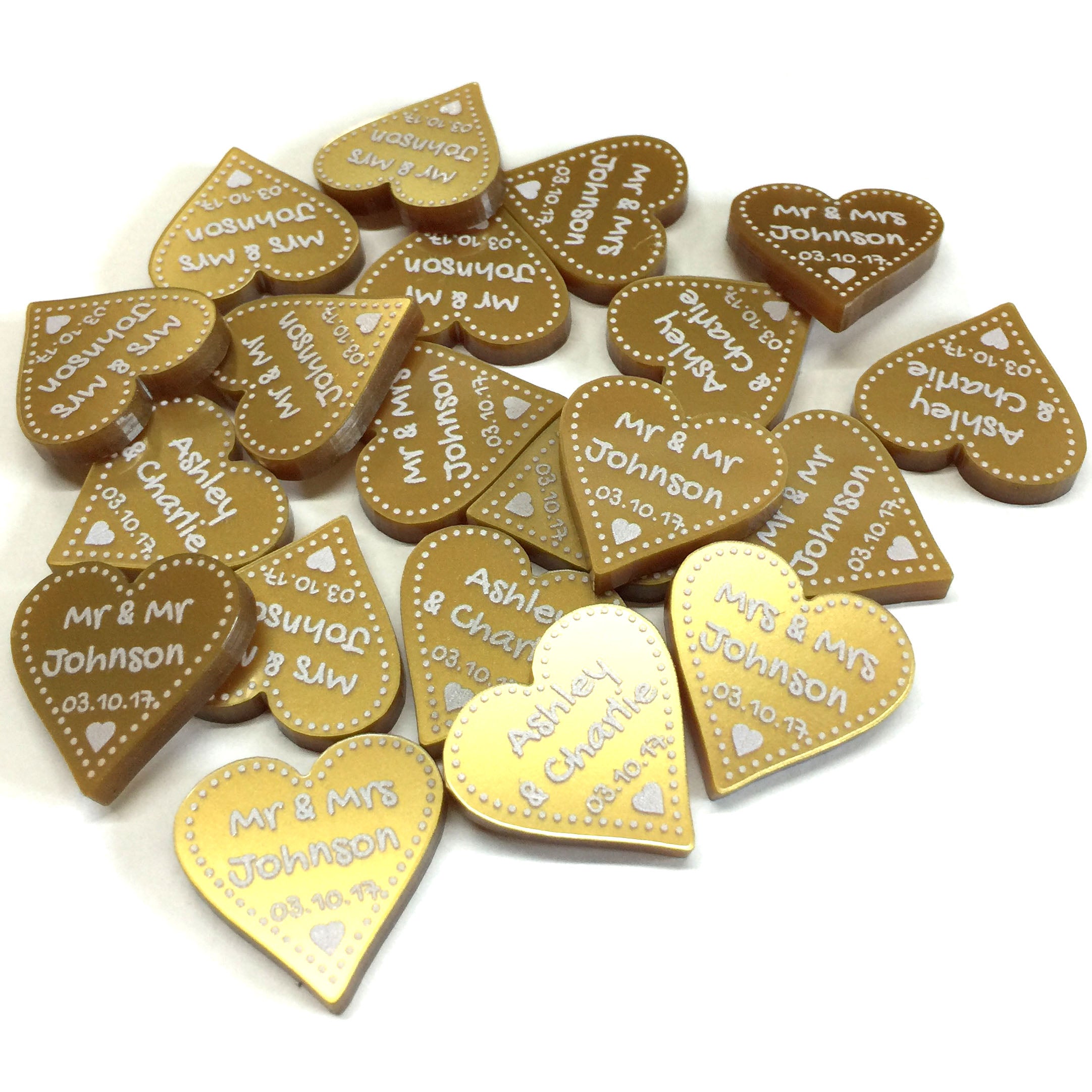 Personalised 50th Anniversary Golden Wedding Decorations - Metallic Gold Acrylic + White Dotty Love Hearts