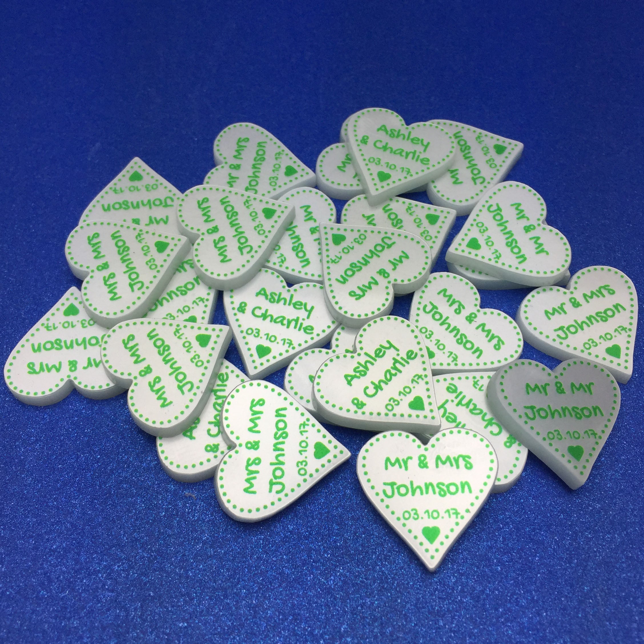 Personalised Wedding Favours - Pearlescent Acrylic + Green Dotty Love Hearts