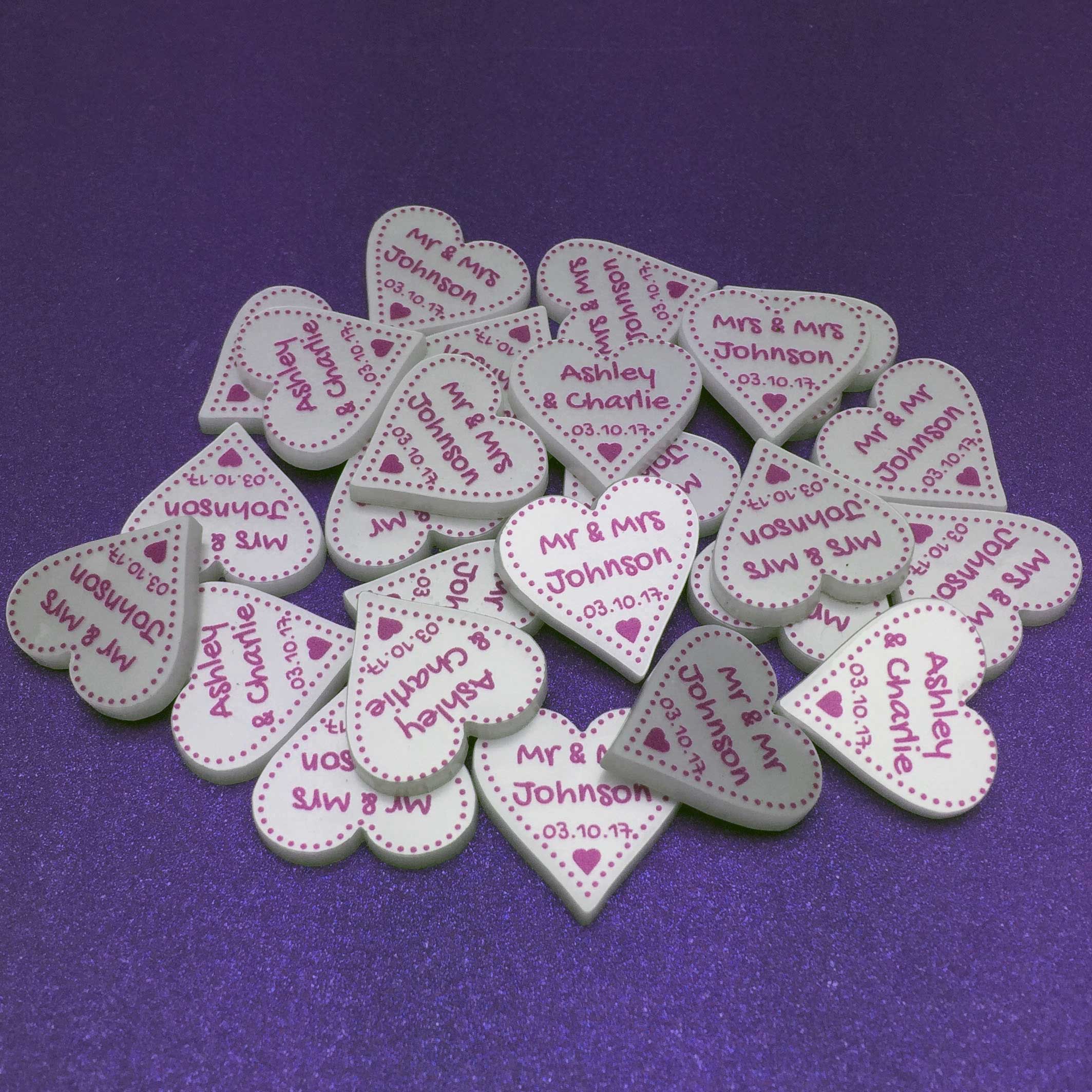 Personalised Wedding Favours - Pearlescent Acrylic + Pink Dotty Love Hearts