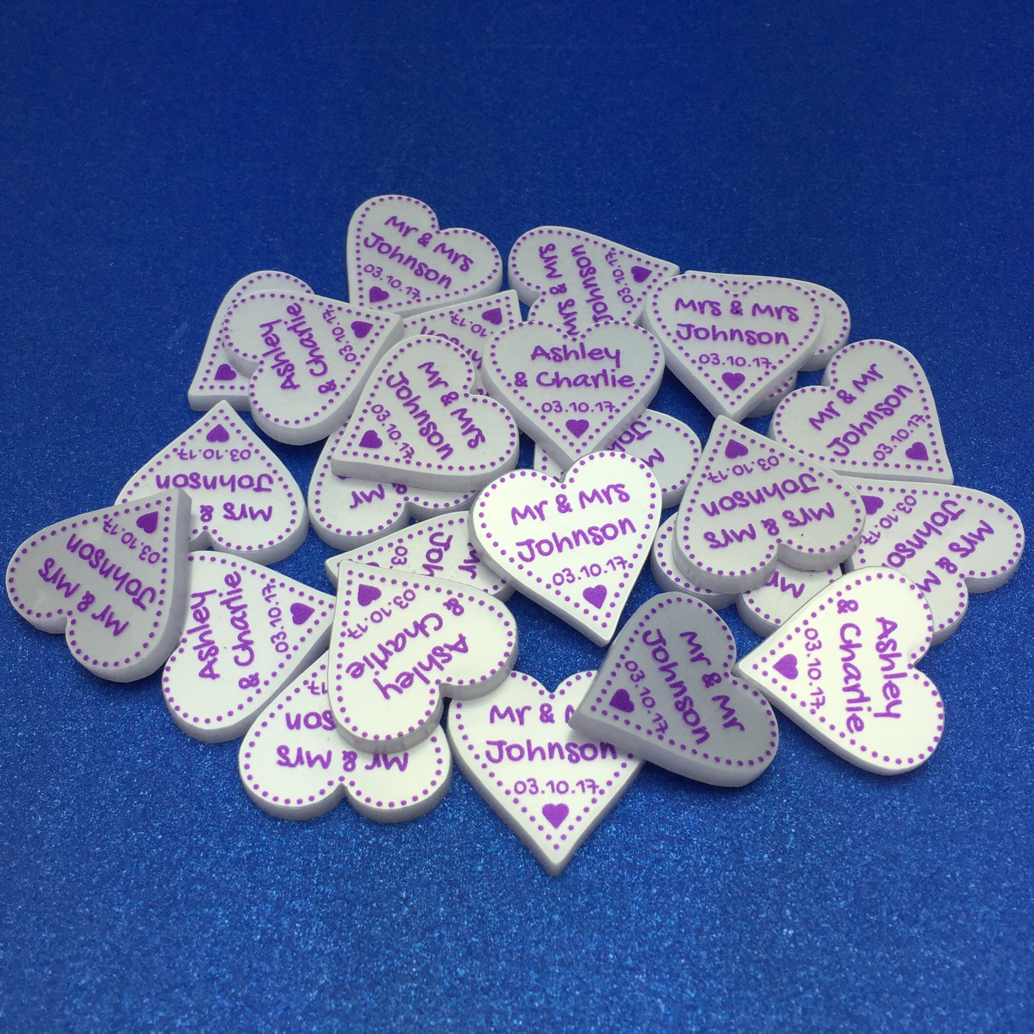 Personalised Wedding Favours - Pearlescent Acrylic + Purple Dotty Love Hearts
