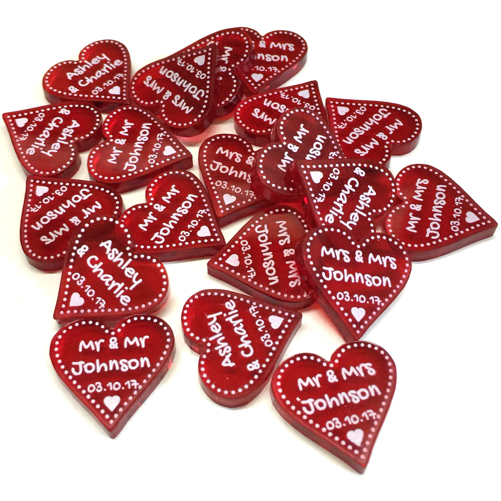 Personalised 40th Anniversary Ruby Wedding Decorations - Translucent Red Acrylic Dotty Love Hearts