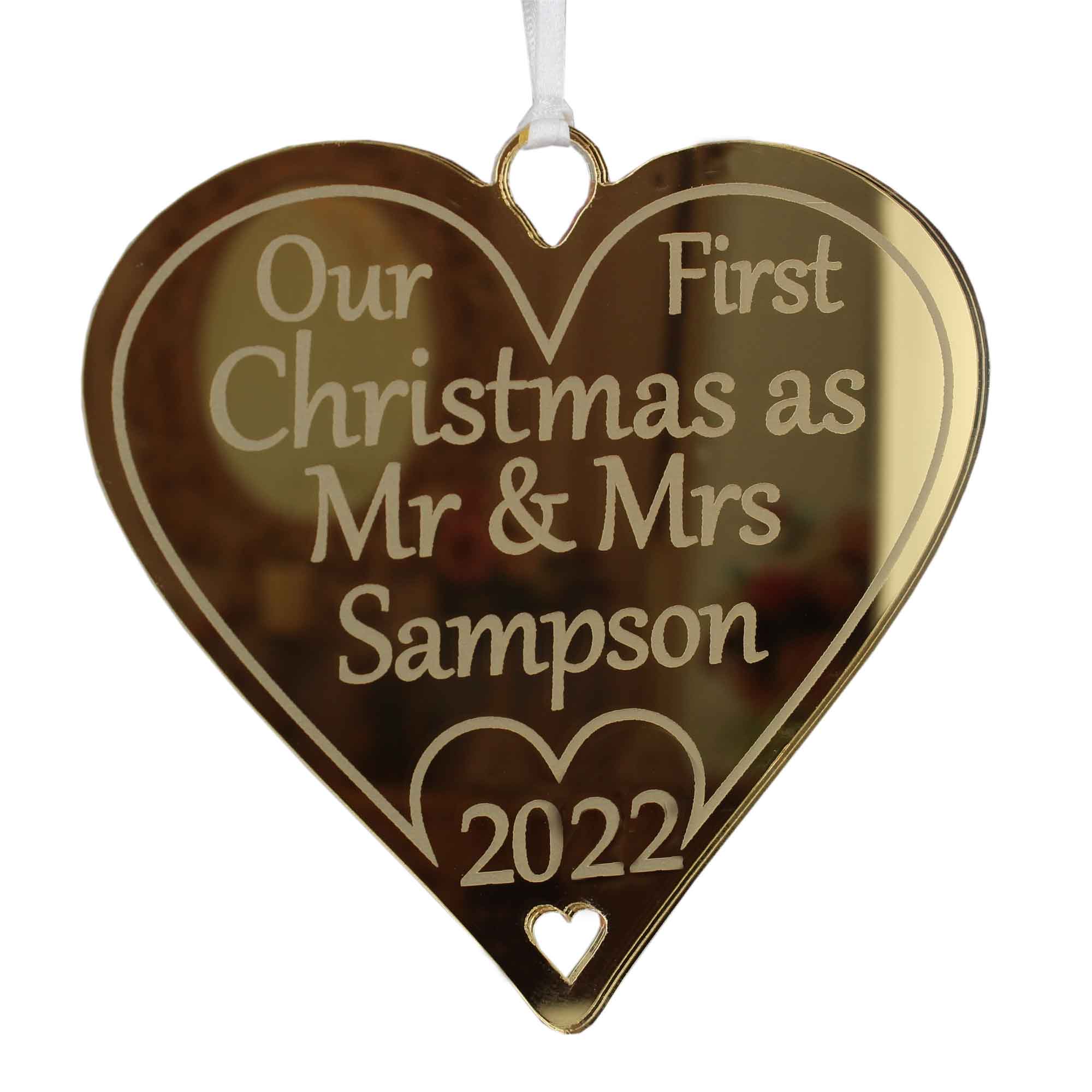 First Christmas Married as Husband Wife 2023 as Mr & Mrs Personalised Bauble - 10cm Heart