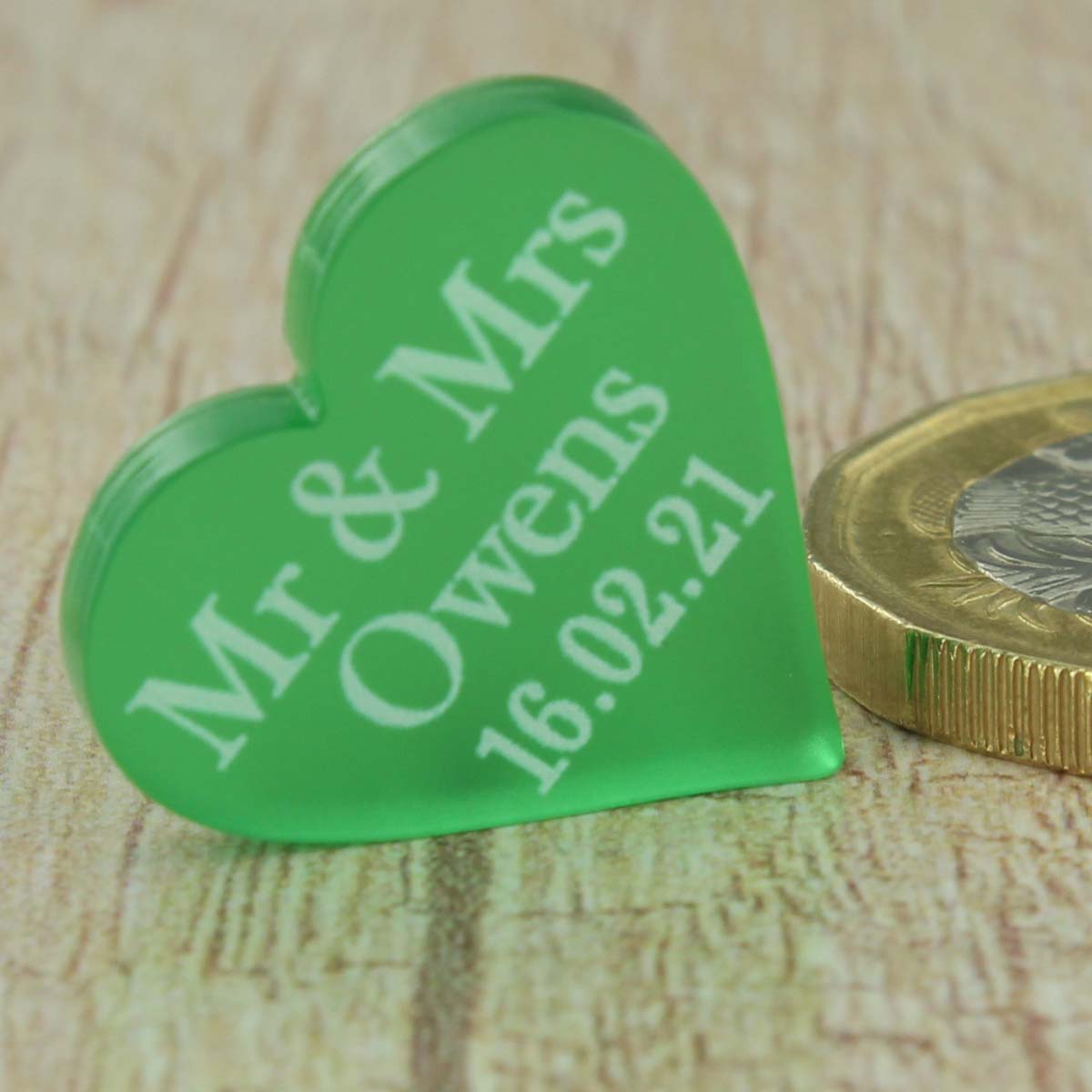 Personalised Wedding Favours - Frosted Green Acrylic Love Hearts