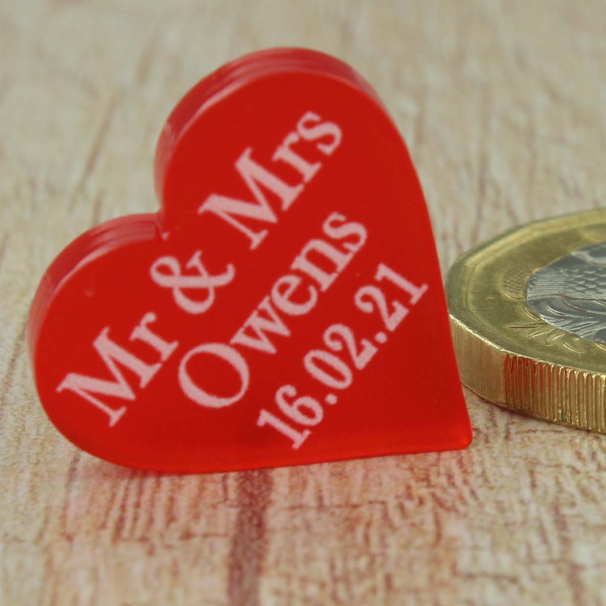 Personalised Wedding Favours - Frosted Red Acrylic Love Hearts