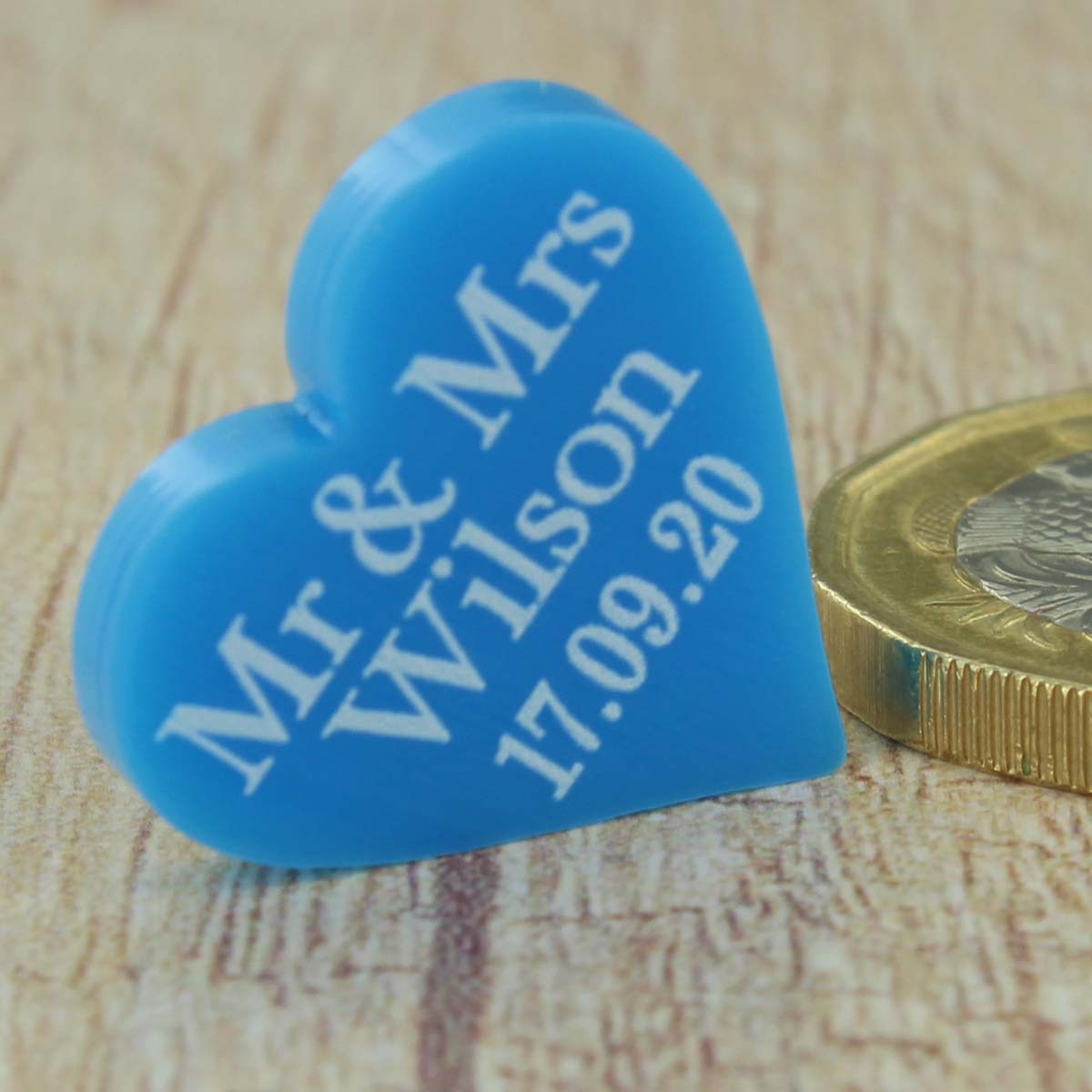 Personalised Wedding Favours - Glossy Bright Blue Acrylic Love Hearts