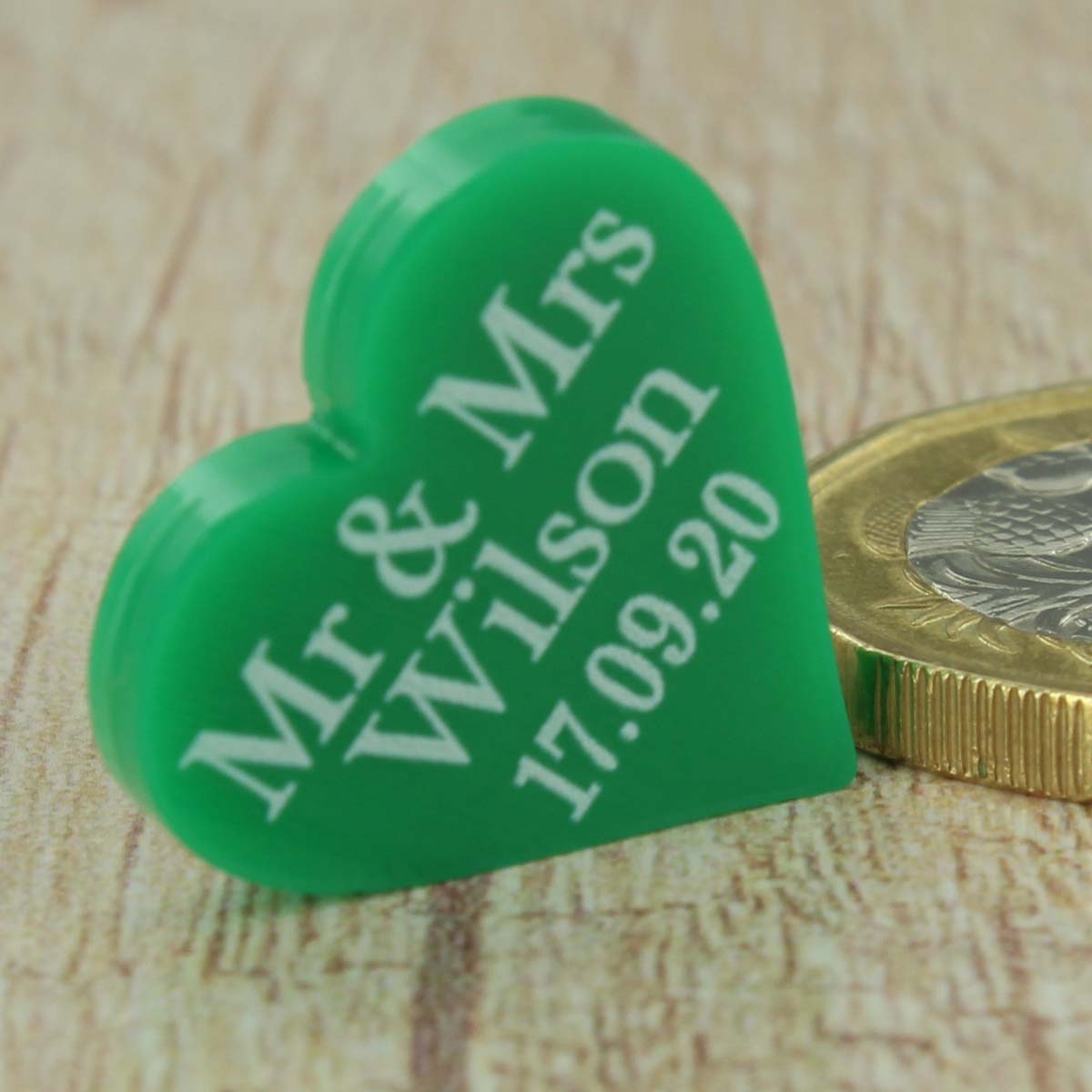 Personalised Wedding Favours - Glossy Green Acrylic Love Hearts