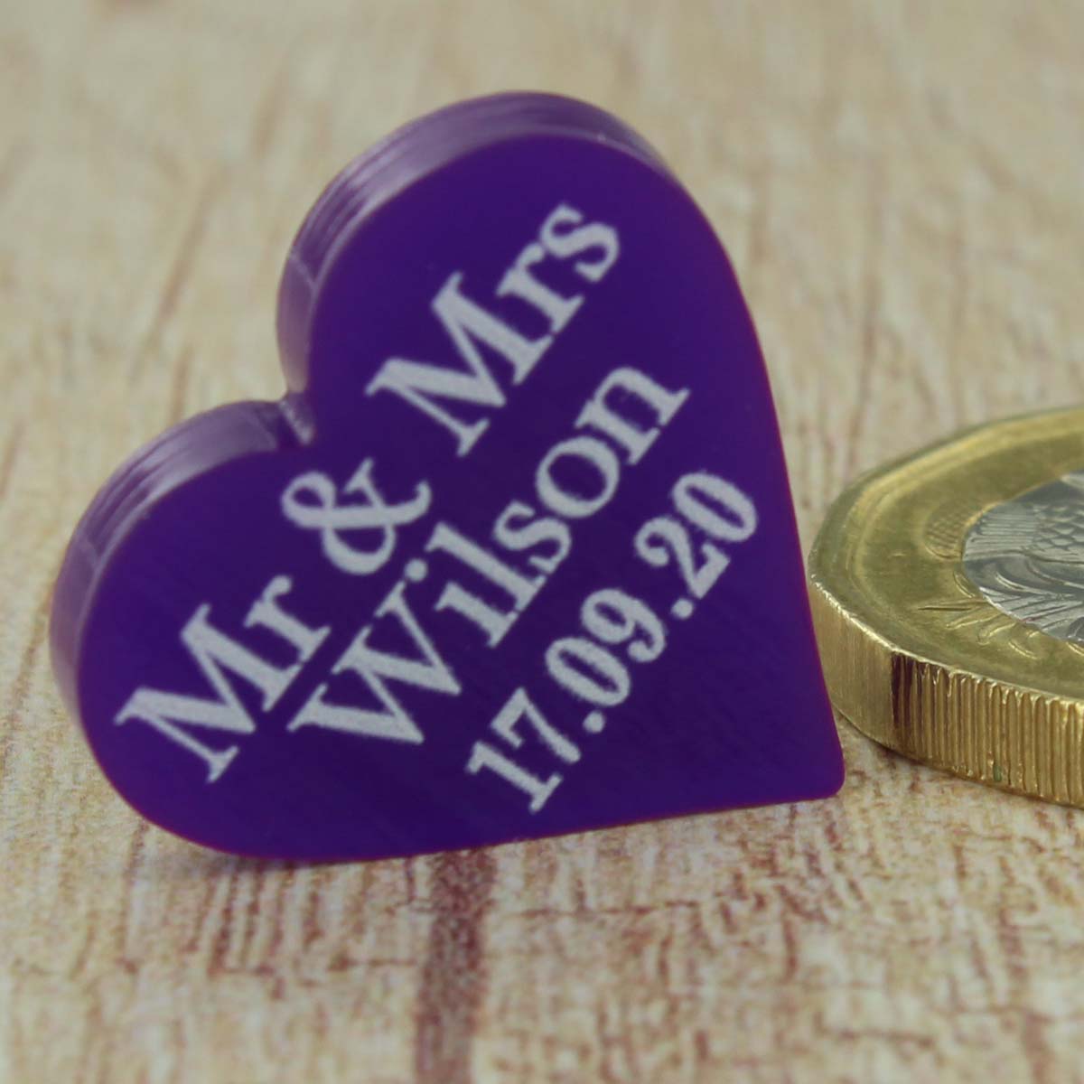 Personalised Wedding Favours - Glossy Purple Acrylic Love Hearts