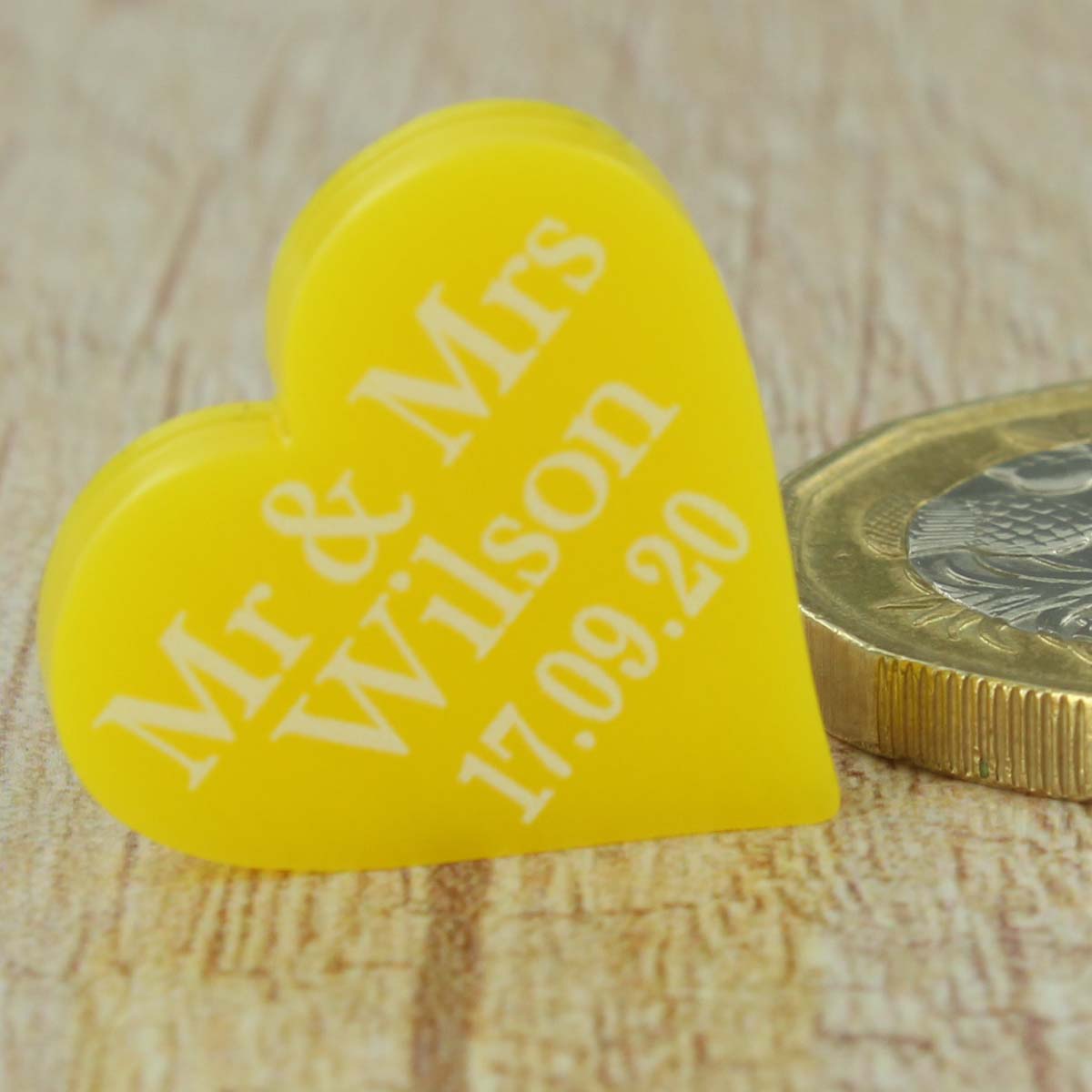 Personalised Wedding Favours - Glossy Yellow Acrylic Love Hearts