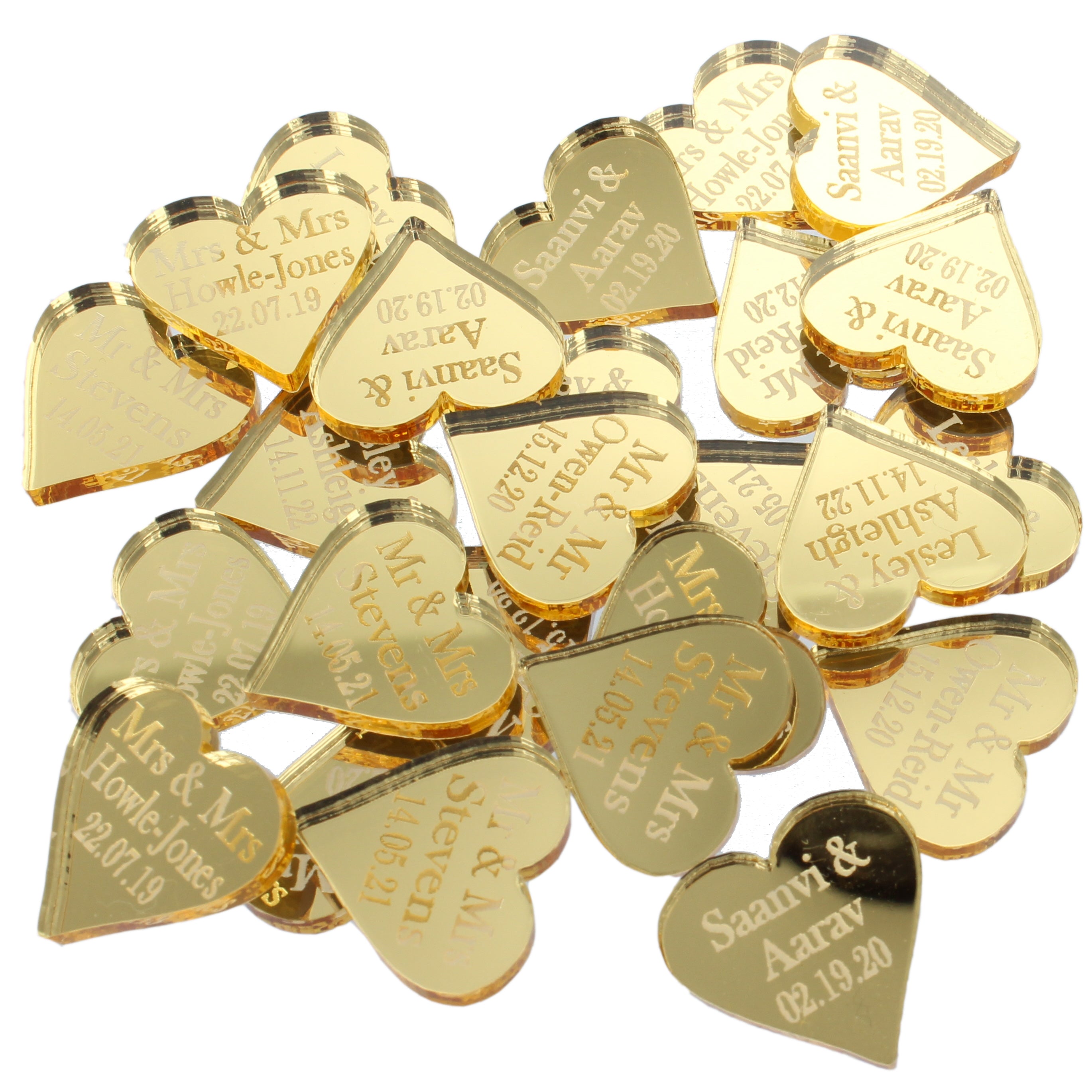 Personalised Wedding Favours - Gold Mirror Acrylic Love Hearts