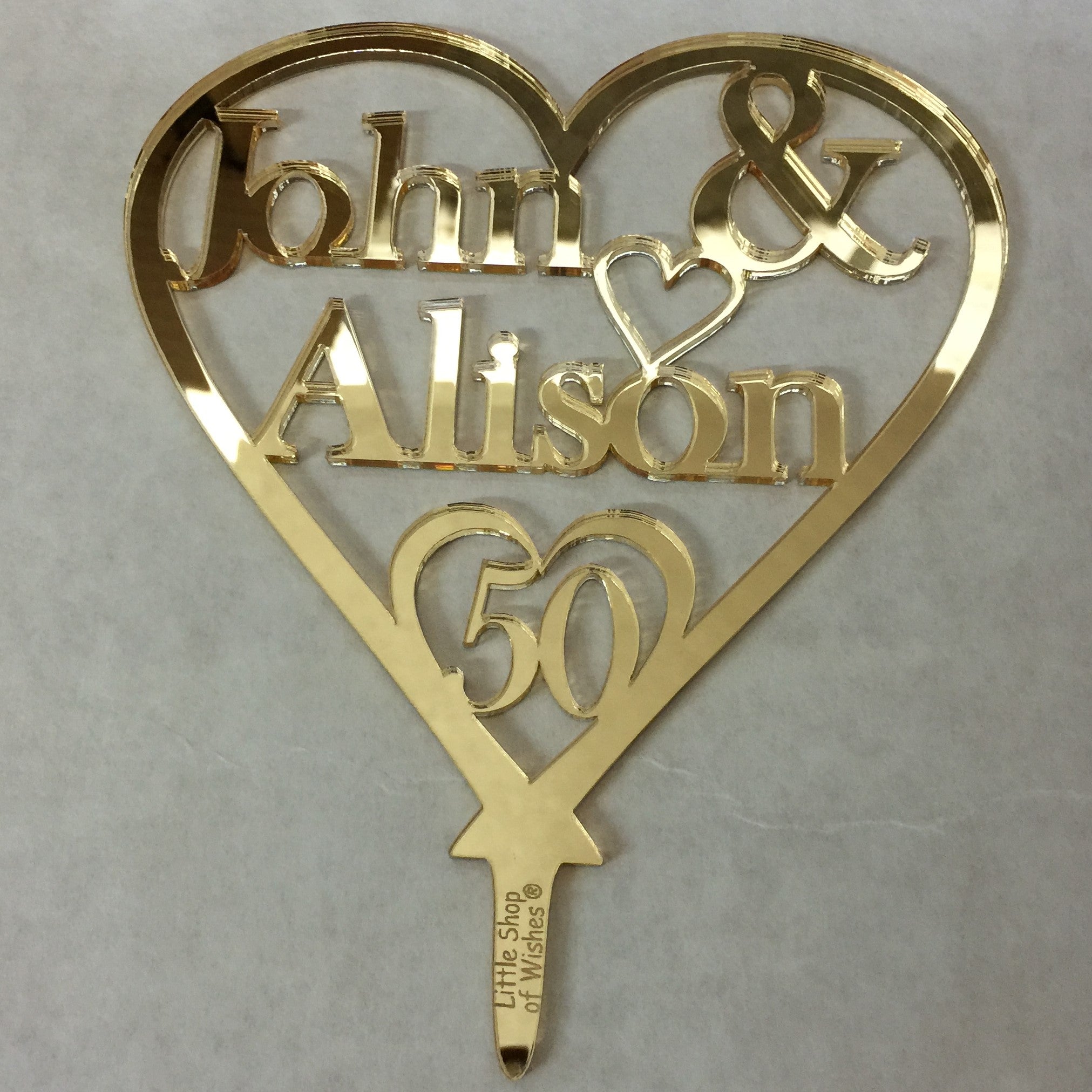 50th Golden Wedding Anniversary Cake Topper Love Heart Decoration - Gold Mirror Acrylic