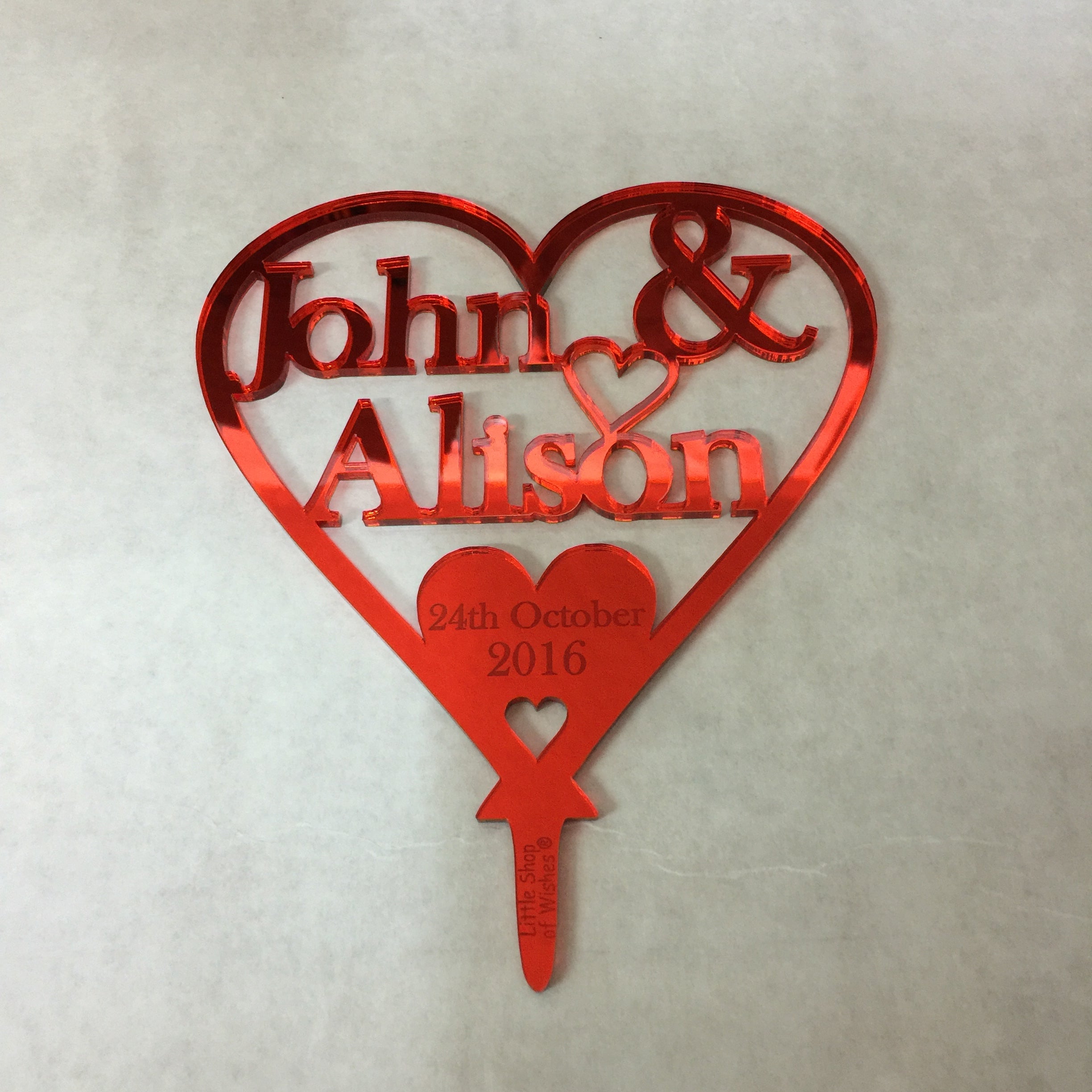 40th Ruby Wedding Anniversary Cake Topper Love Heart Decoration - Red Mirror Acrylic