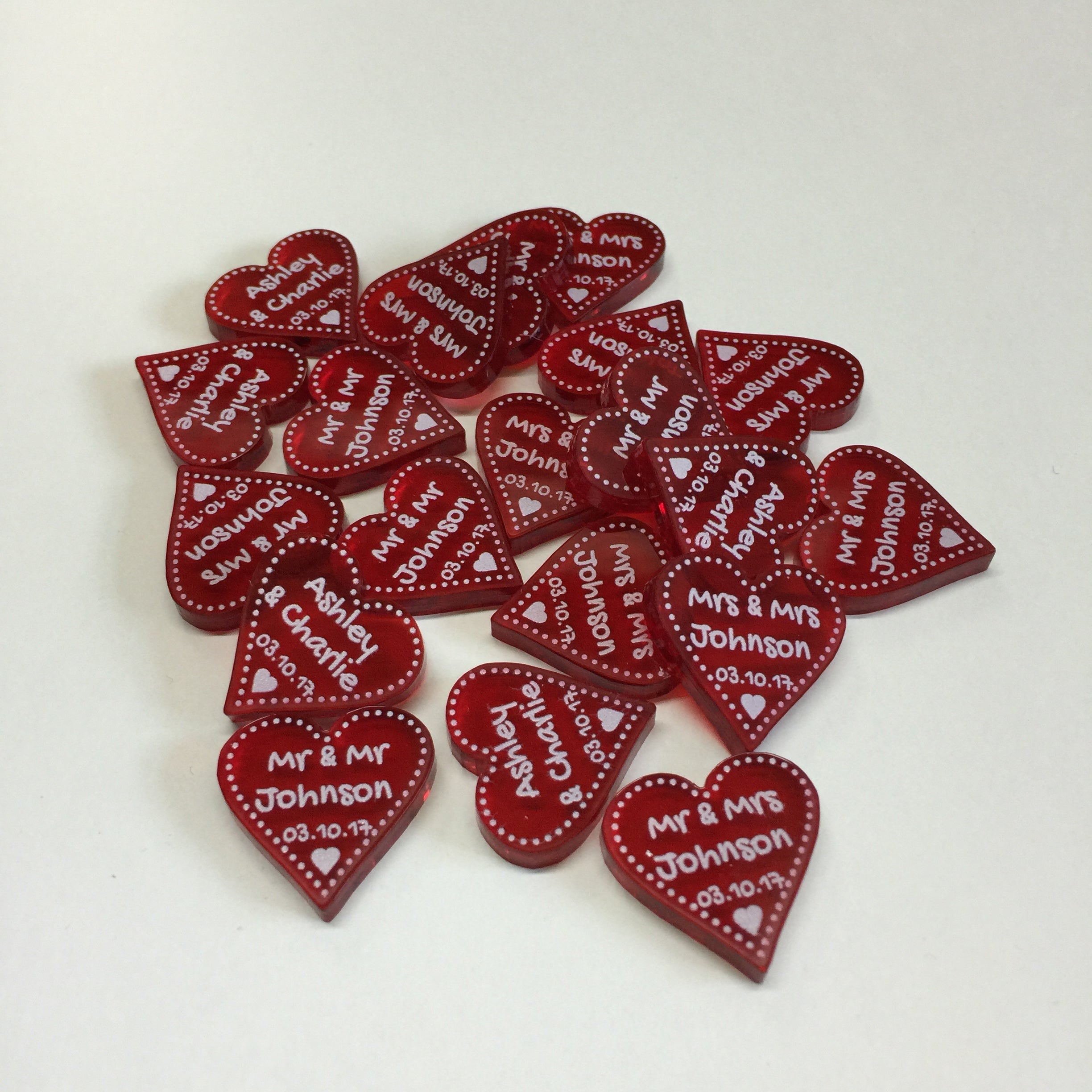Personalised 40th Anniversary Ruby Wedding Decorations - Translucent Red Acrylic Dotty Love Hearts