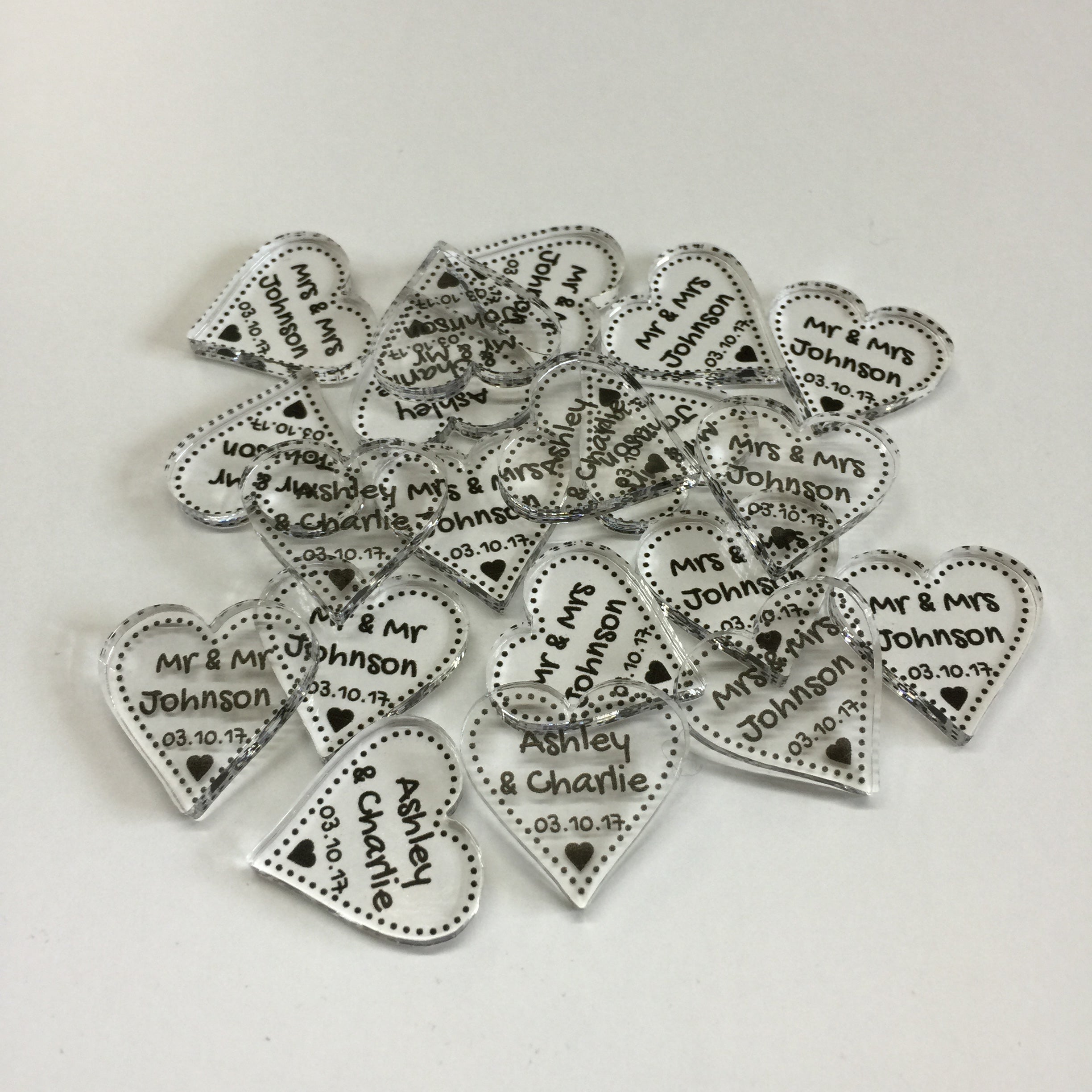Personalised Wedding Favours - Clear Acrylic + Black Dotty Love Hearts