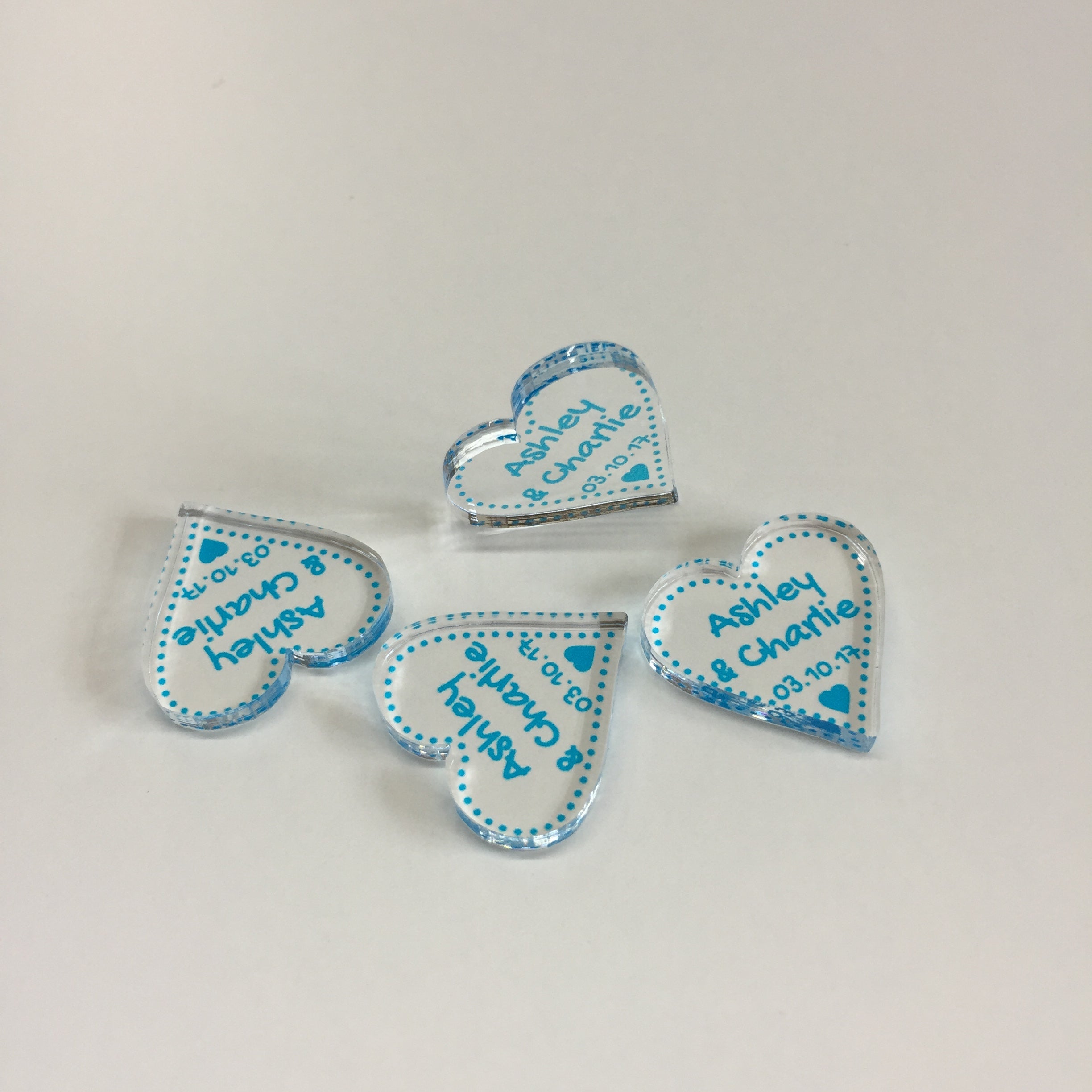 Personalised Wedding Favours - Clear Acrylic + Bright Blue Acrylic Love Hearts