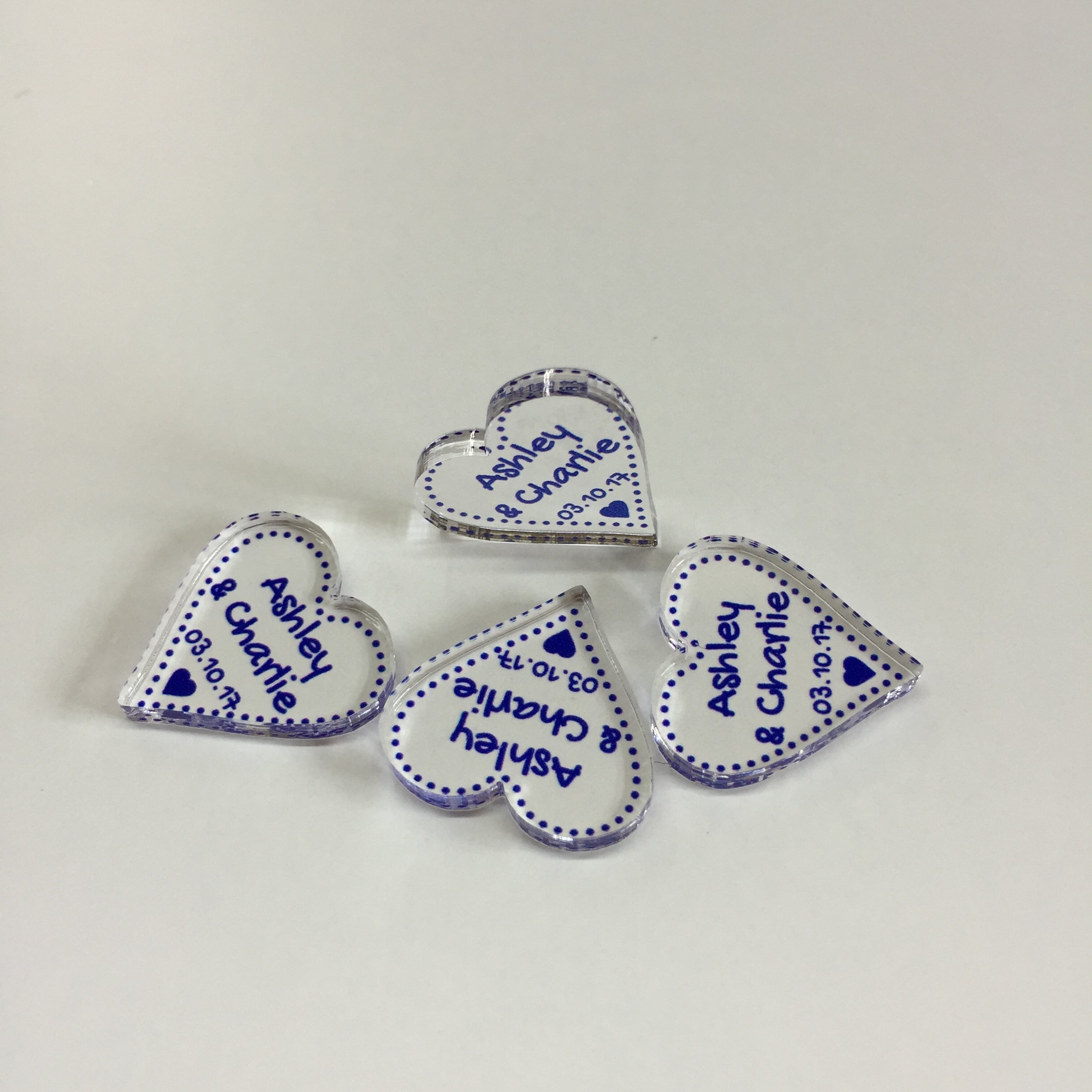 Personalised Wedding Favours - Clear Acrylic + Dark Blue Acrylic Love Hearts