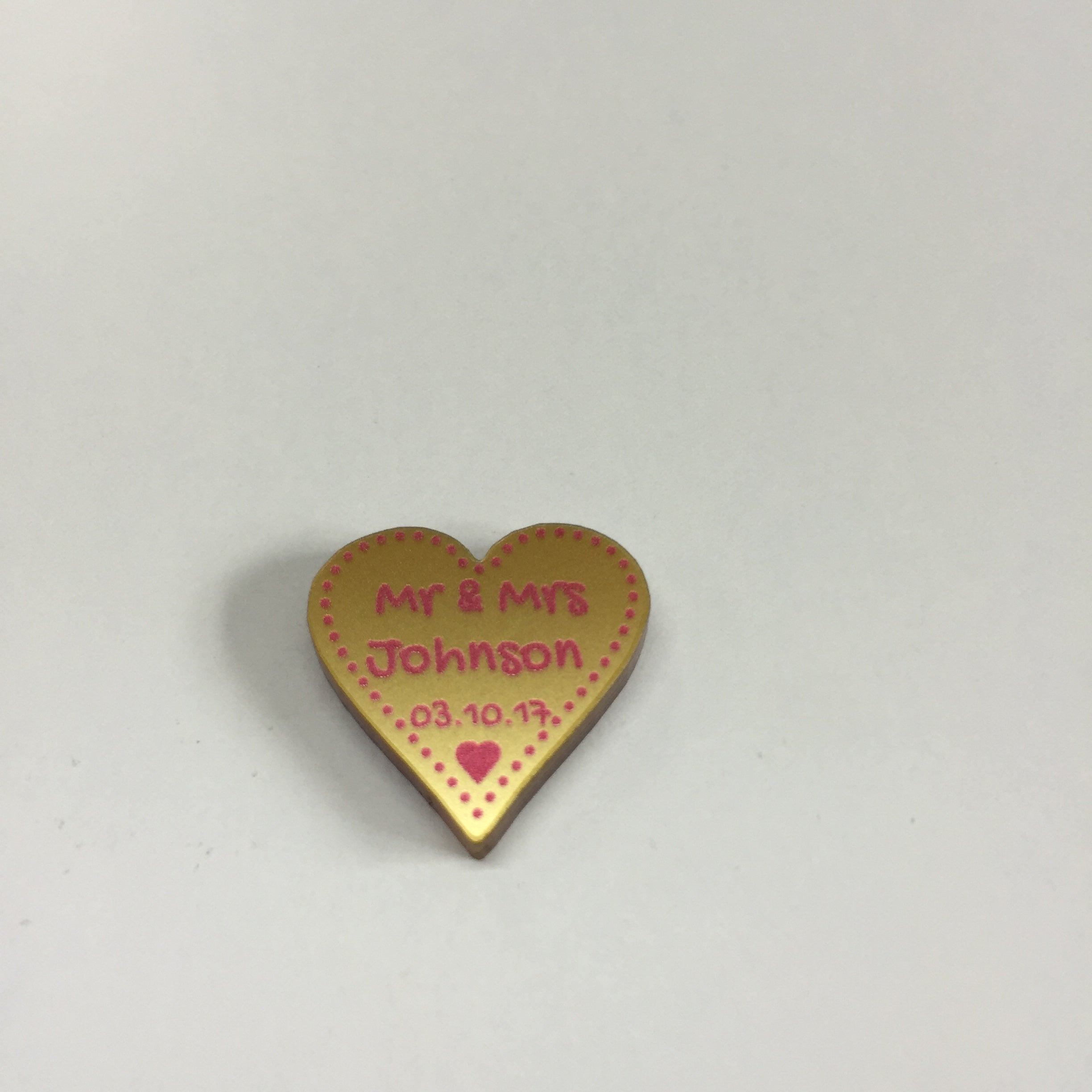 Personalised 50th Anniversary Golden Wedding Decorations - Metallic Gold Acrylic + Pink Dotty Love Hearts