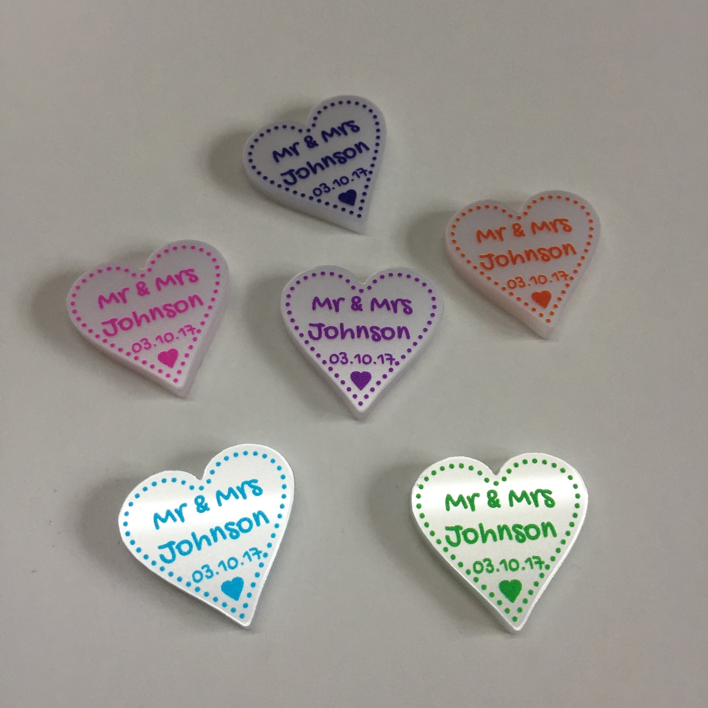 Personalised Wedding Favours - Pearlescent Acrylic + Pink Dotty Love Hearts