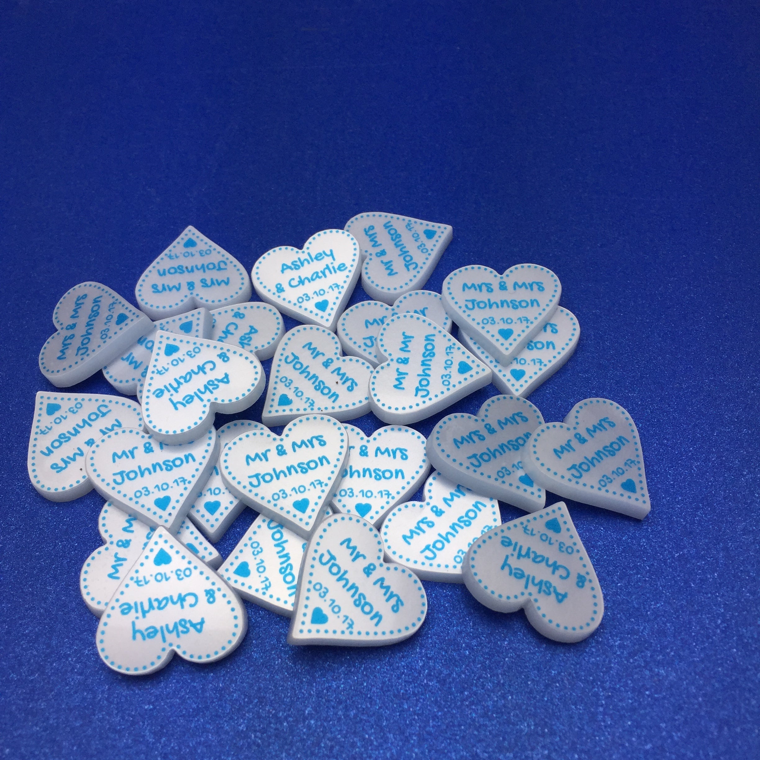 Personalised Wedding Favours - Pearlescent Acrylic + Bright Blue Dotty Love Hearts