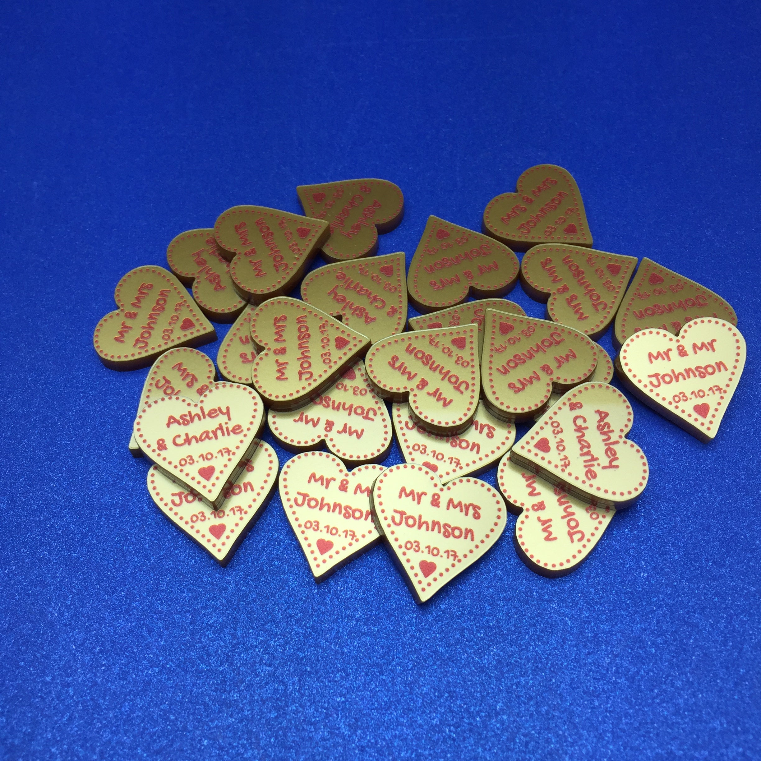 Personalised Wedding Decorations - Metallic Gold Acrylic + Terracotta Red Dotty Love Hearts