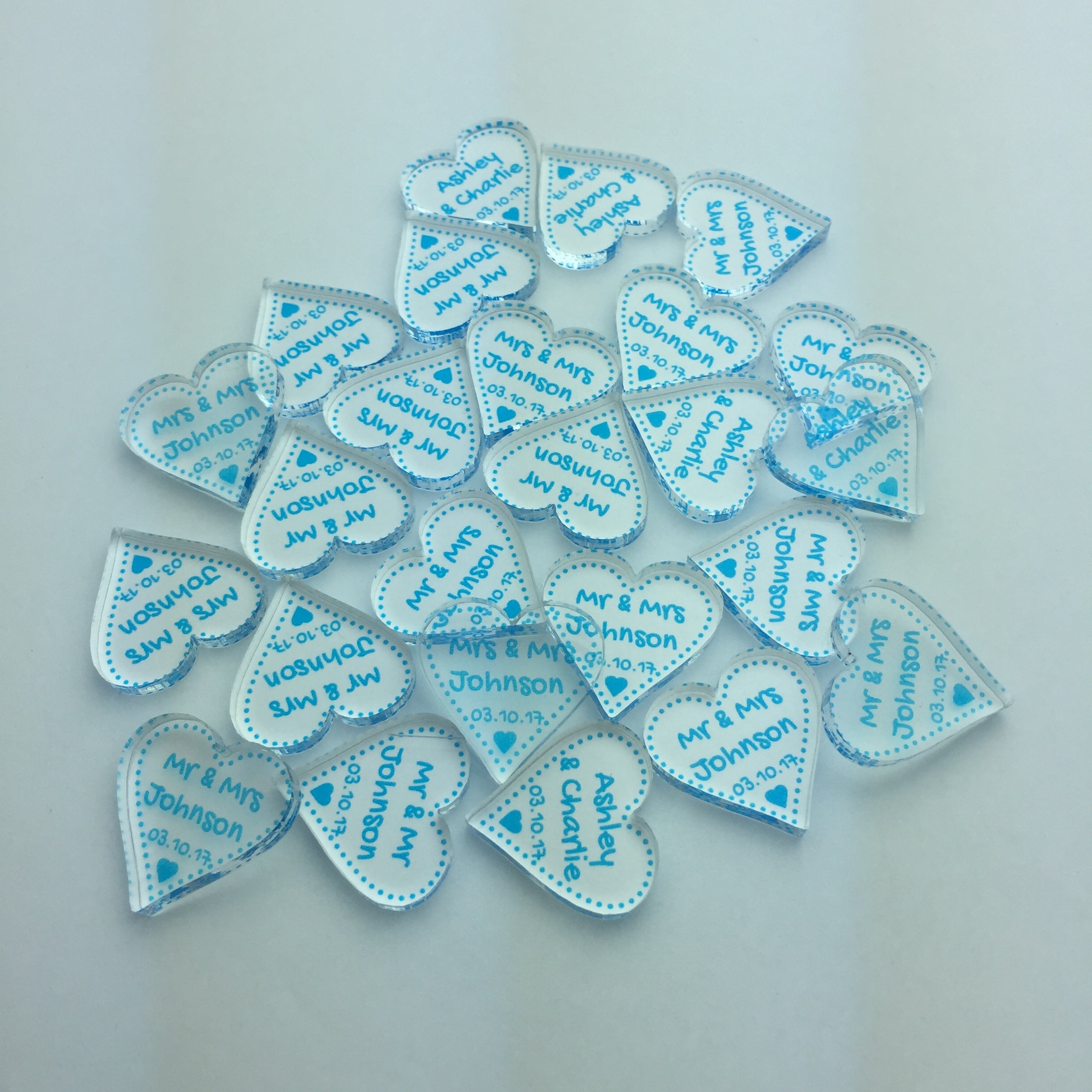 Personalised Wedding Favours - Clear Acrylic + Bright Blue Acrylic Love Hearts