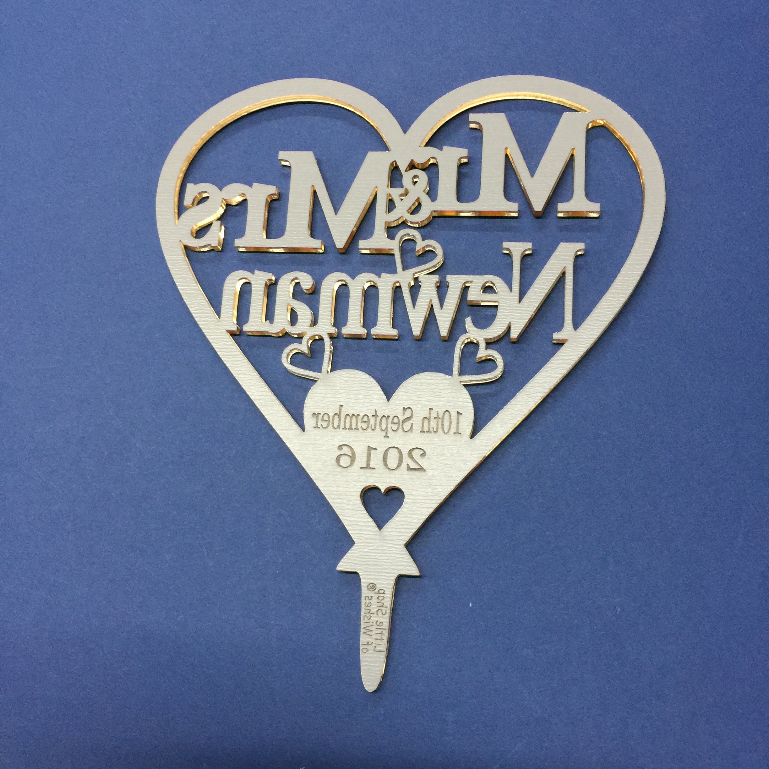 50th Golden Wedding Anniversary Cake Topper Love Heart Decoration - Gold Mirror Acrylic