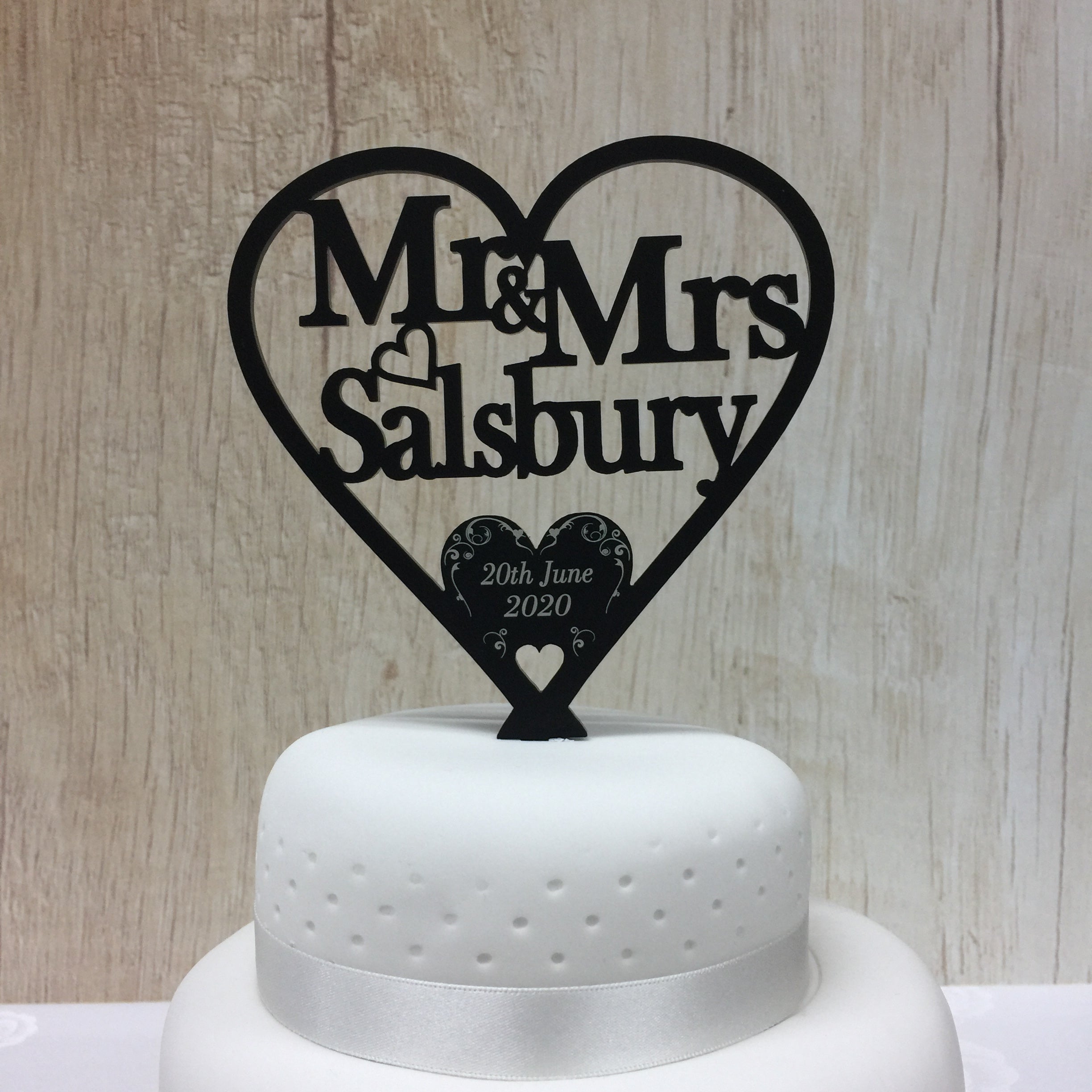 Wedding Cake Topper Swirl Love Heart Decoration - Frosted Black Acrylic