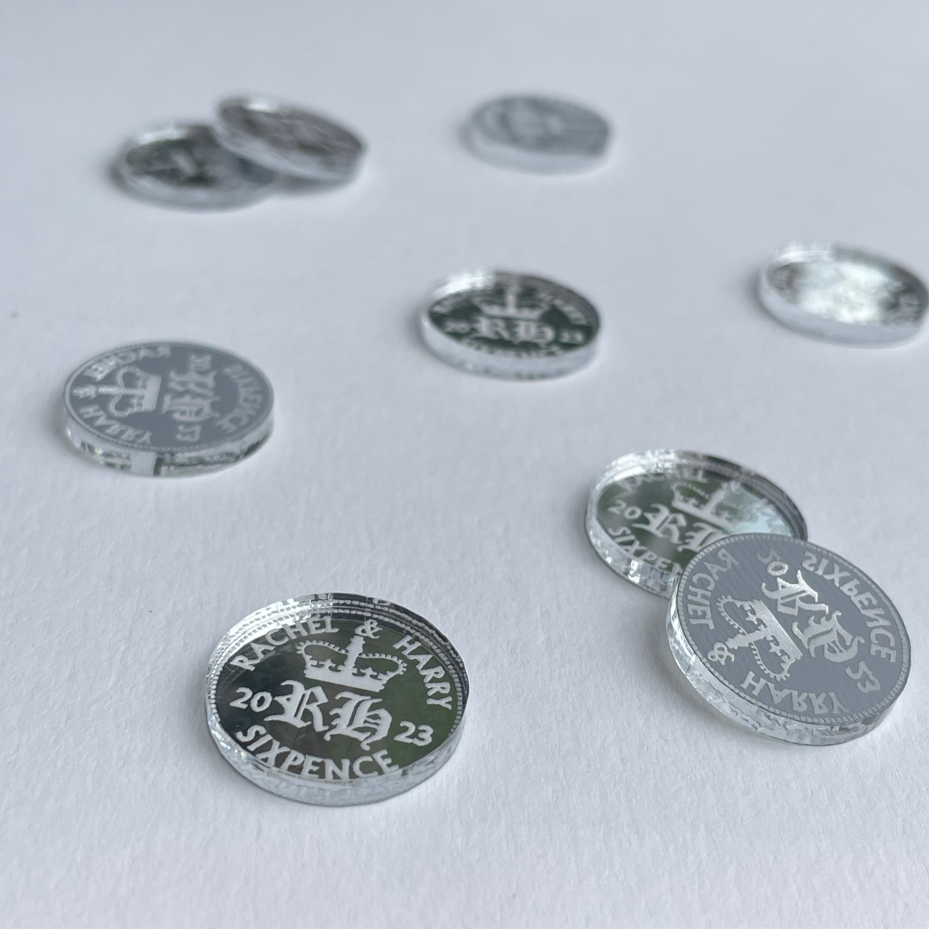 Personalised Lucky Sixpence Wedding Favours - Silver Mirror Acrylic
