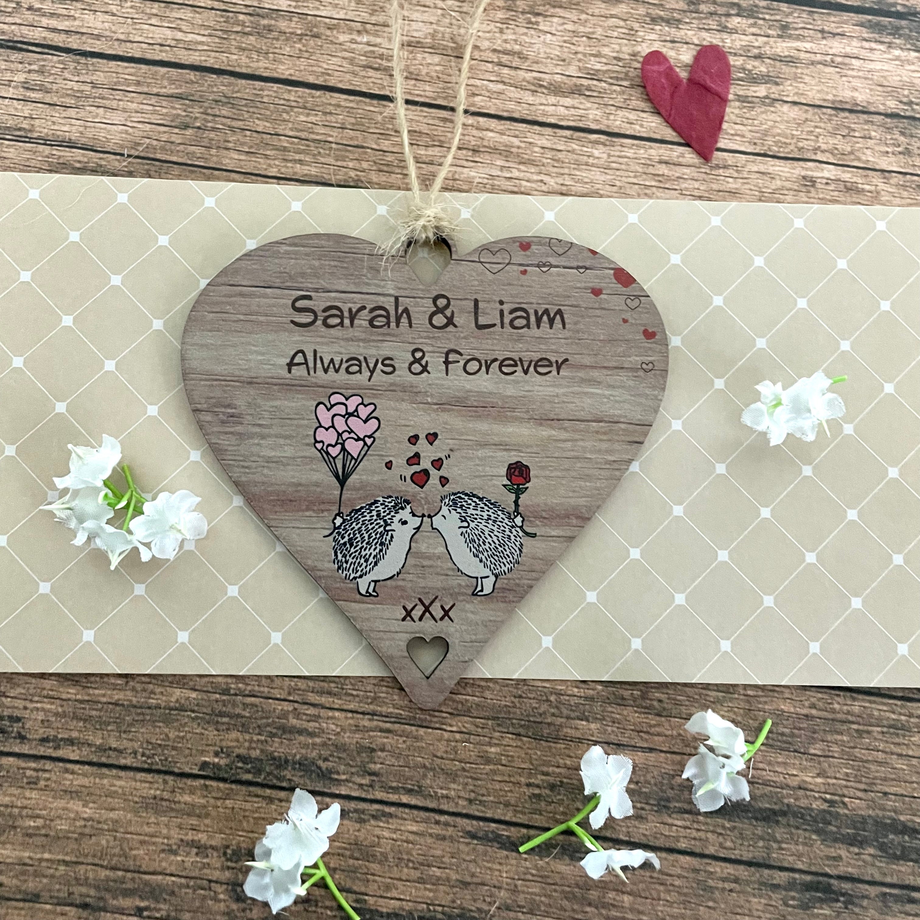 Personalised Couples Name Gift - Cute Characters Hanging Keepsake - 10cm Heart