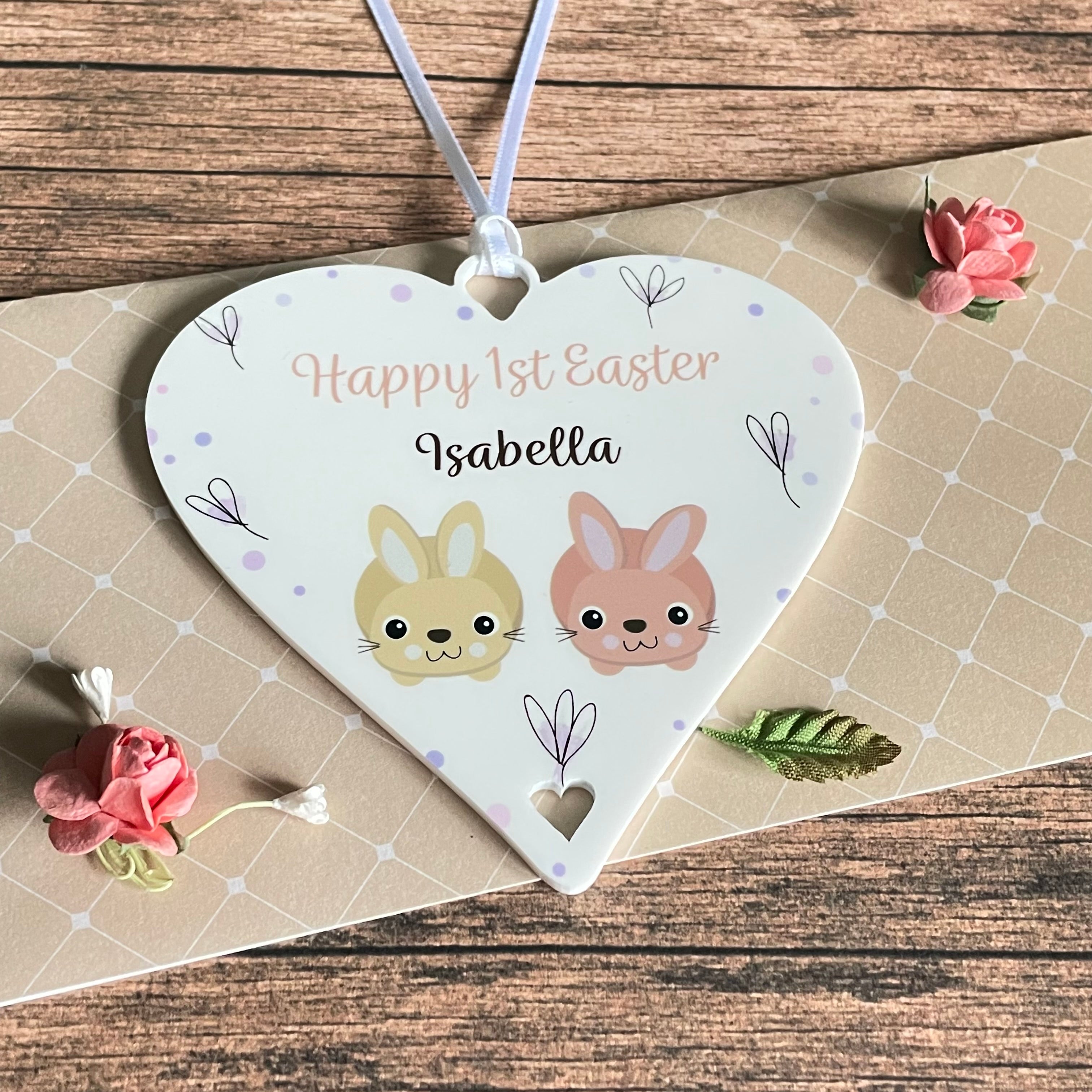 Happy 1st Easter Gift Personalised Rustic Bunnies Babies First Easter Hanging Decoration - 10cm Heart
