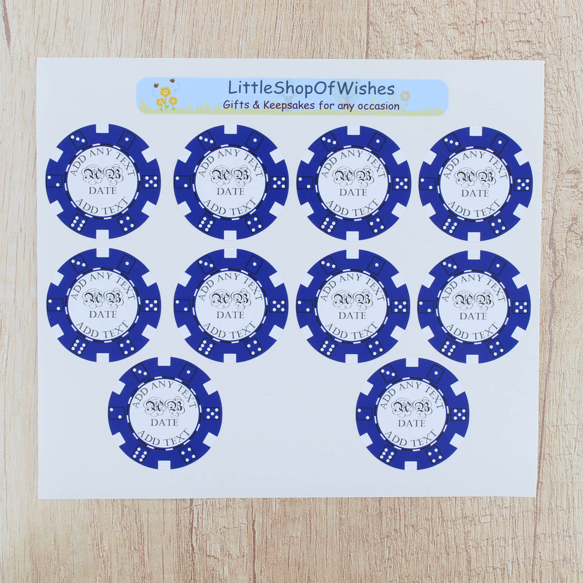 Personalised Poker Chip Stickers Casino Wedding Favours Las Vegas Party Decor - Pack of 10