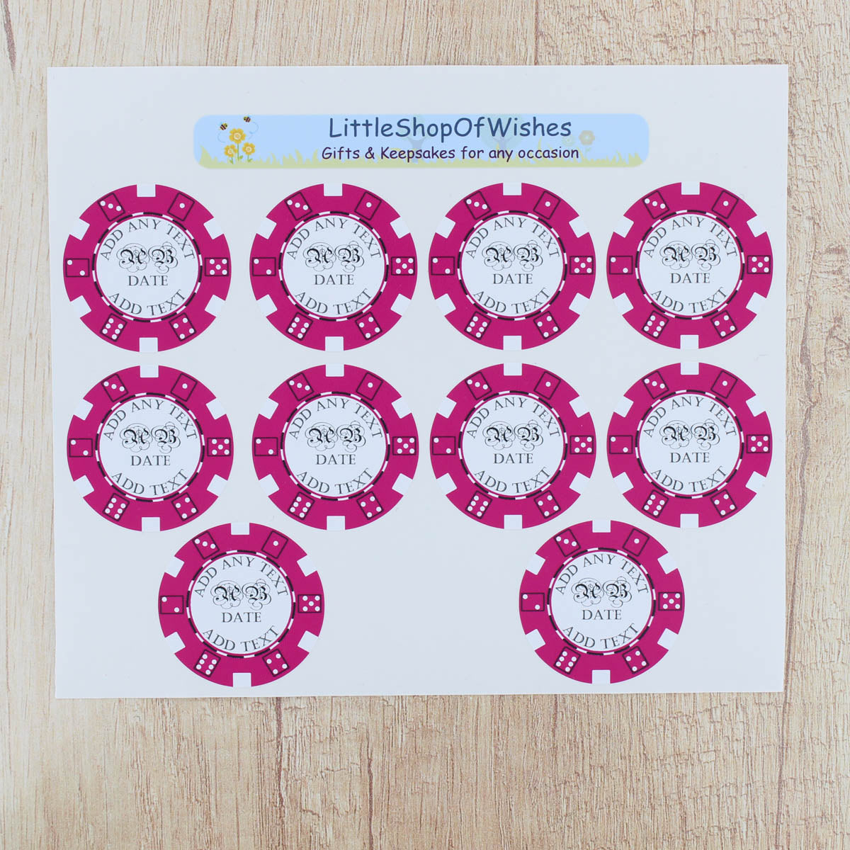 Personalised Poker Chip Stickers Casino Wedding Favours Las Vegas Party Decor - Pack of 10