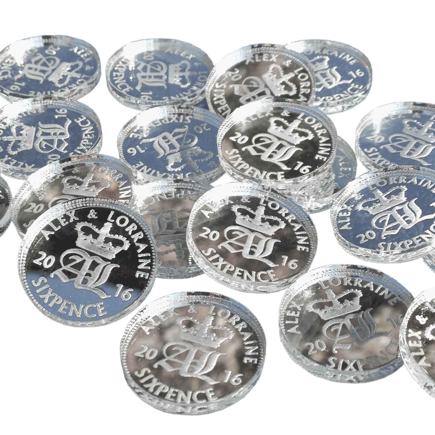 Personalised Lucky Sixpence Wedding Favours - Silver Mirror Acrylic