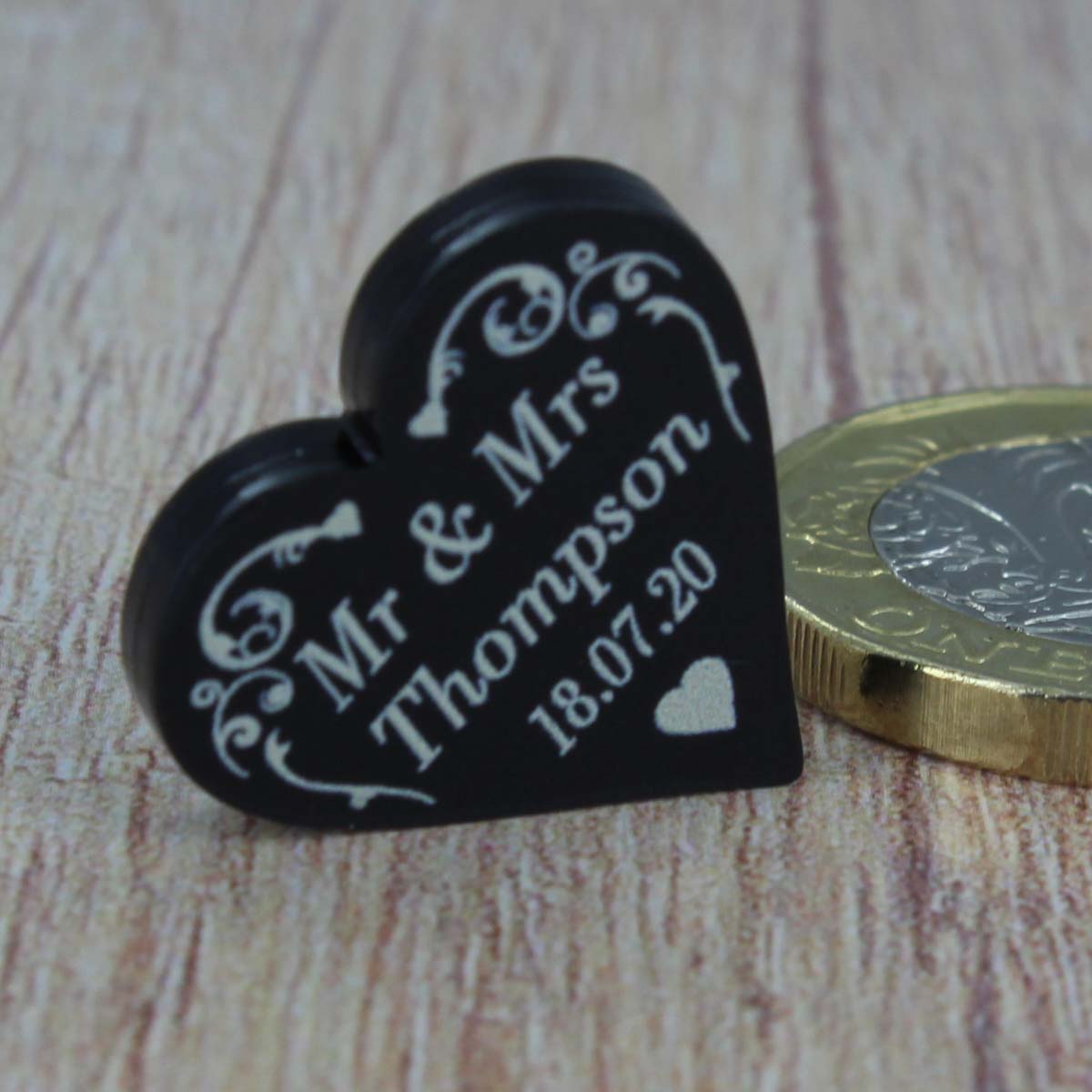 Personalised Wedding Favours - Frosted Black Acrylic Swirl Love Hearts