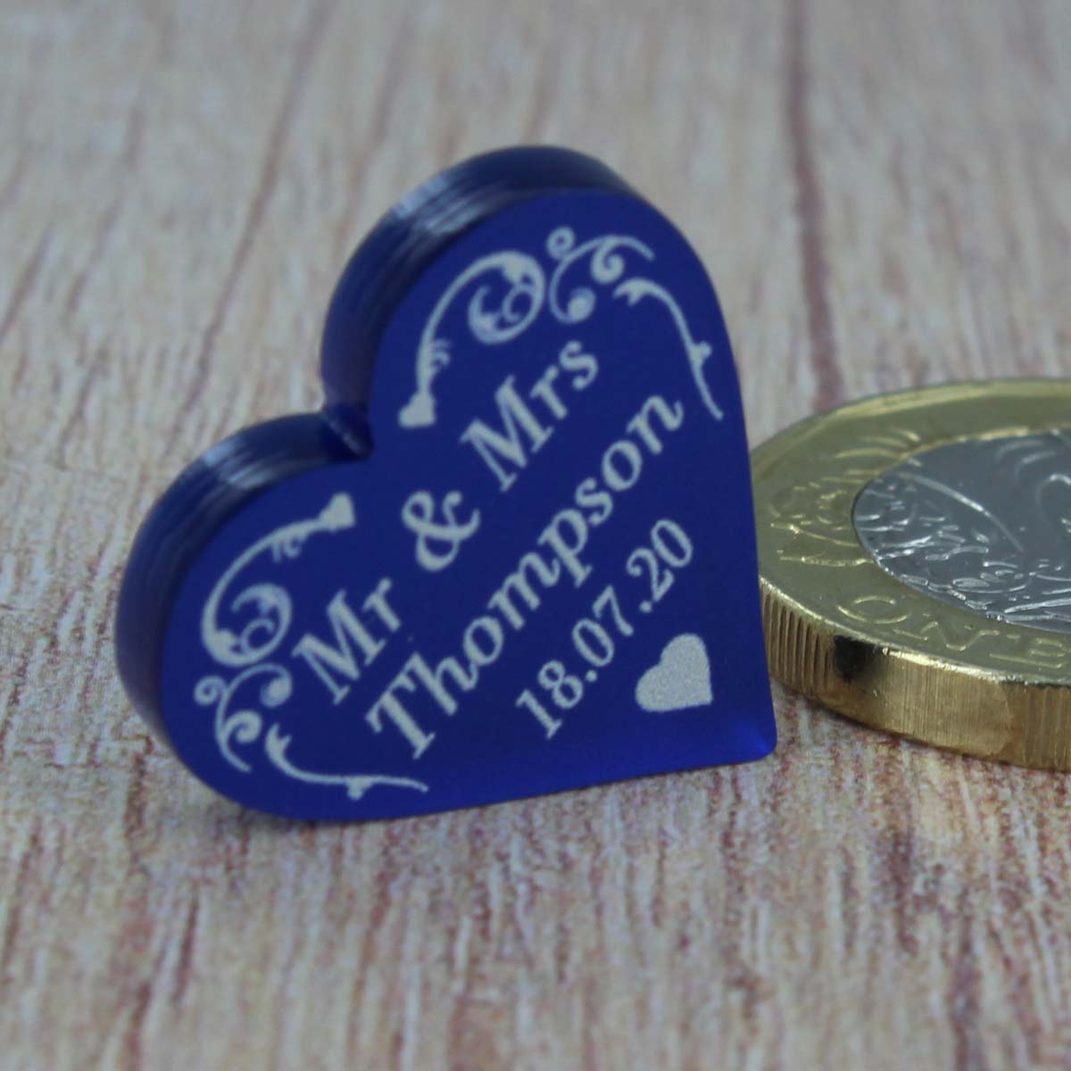 Personalised Wedding Favours - Frosted Dark Blue Acrylic Swirl Love Hearts