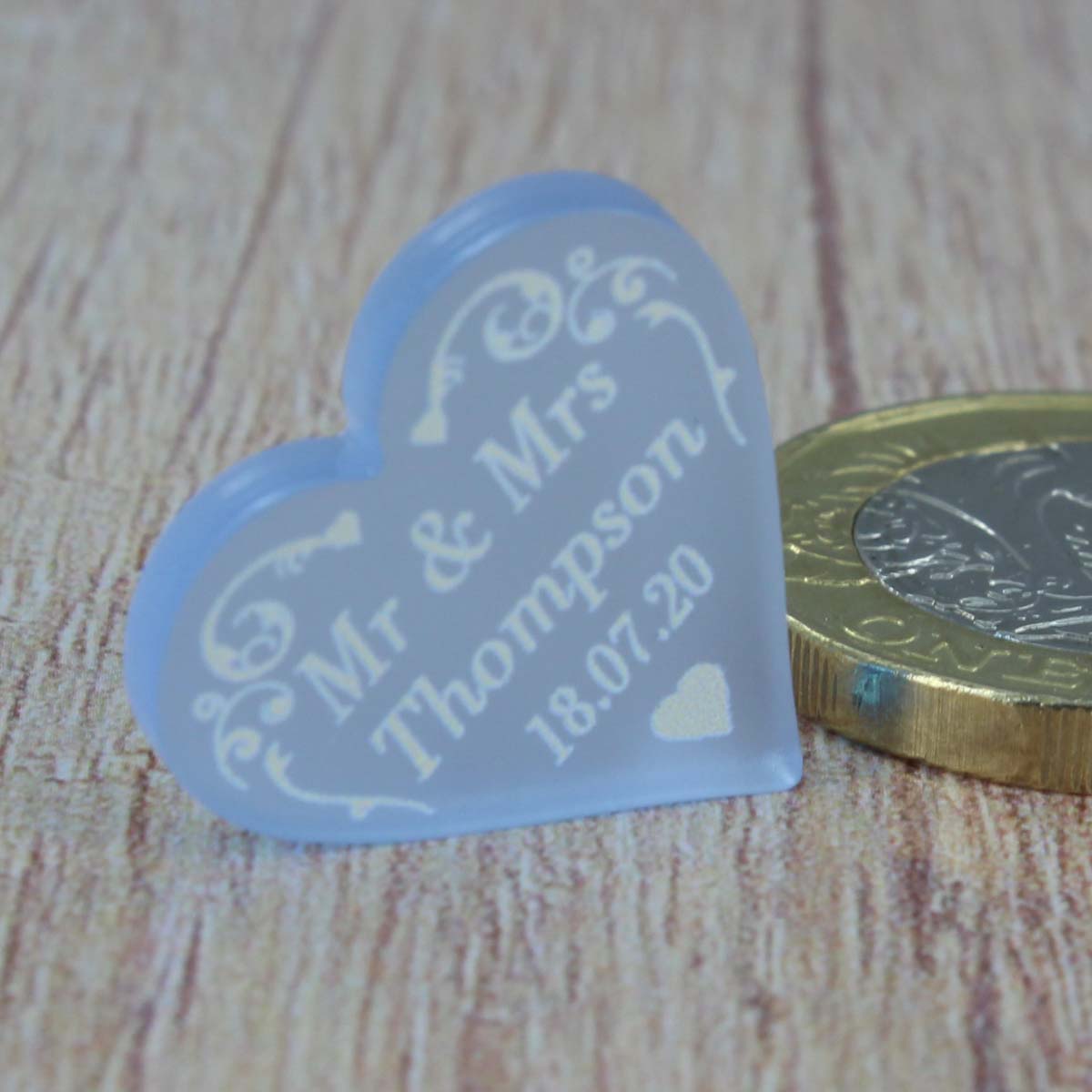 Personalised Wedding Favours - Frosted Pale Blue Acrylic Swirl Love Hearts