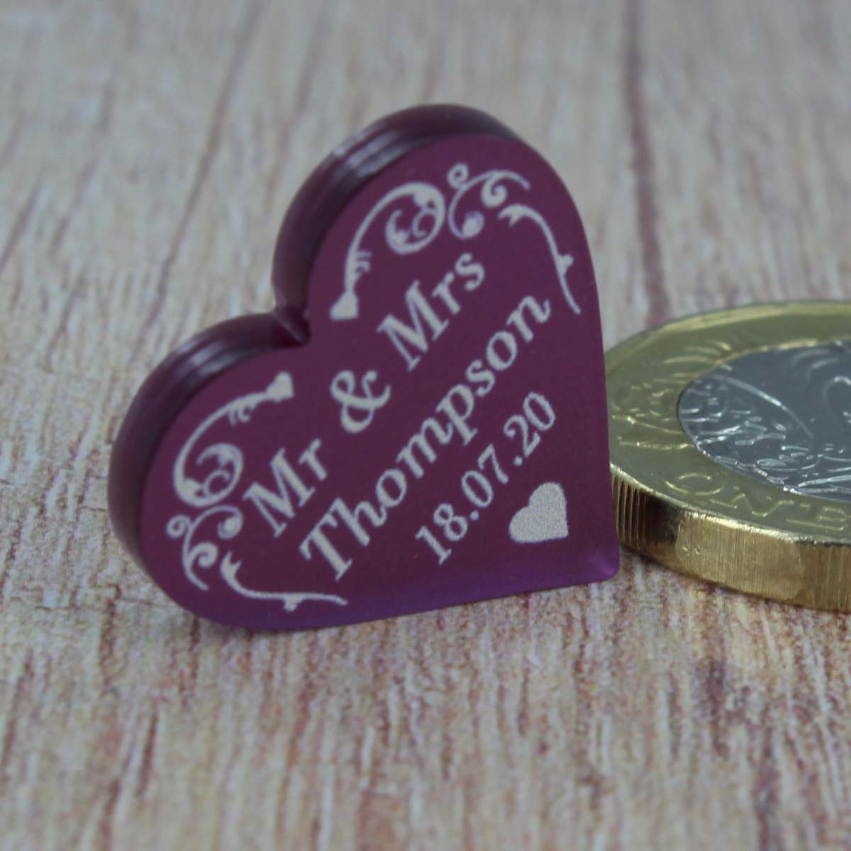 Personalised Wedding Favours - Frosted Plum Acrylic Swirl Love Hearts