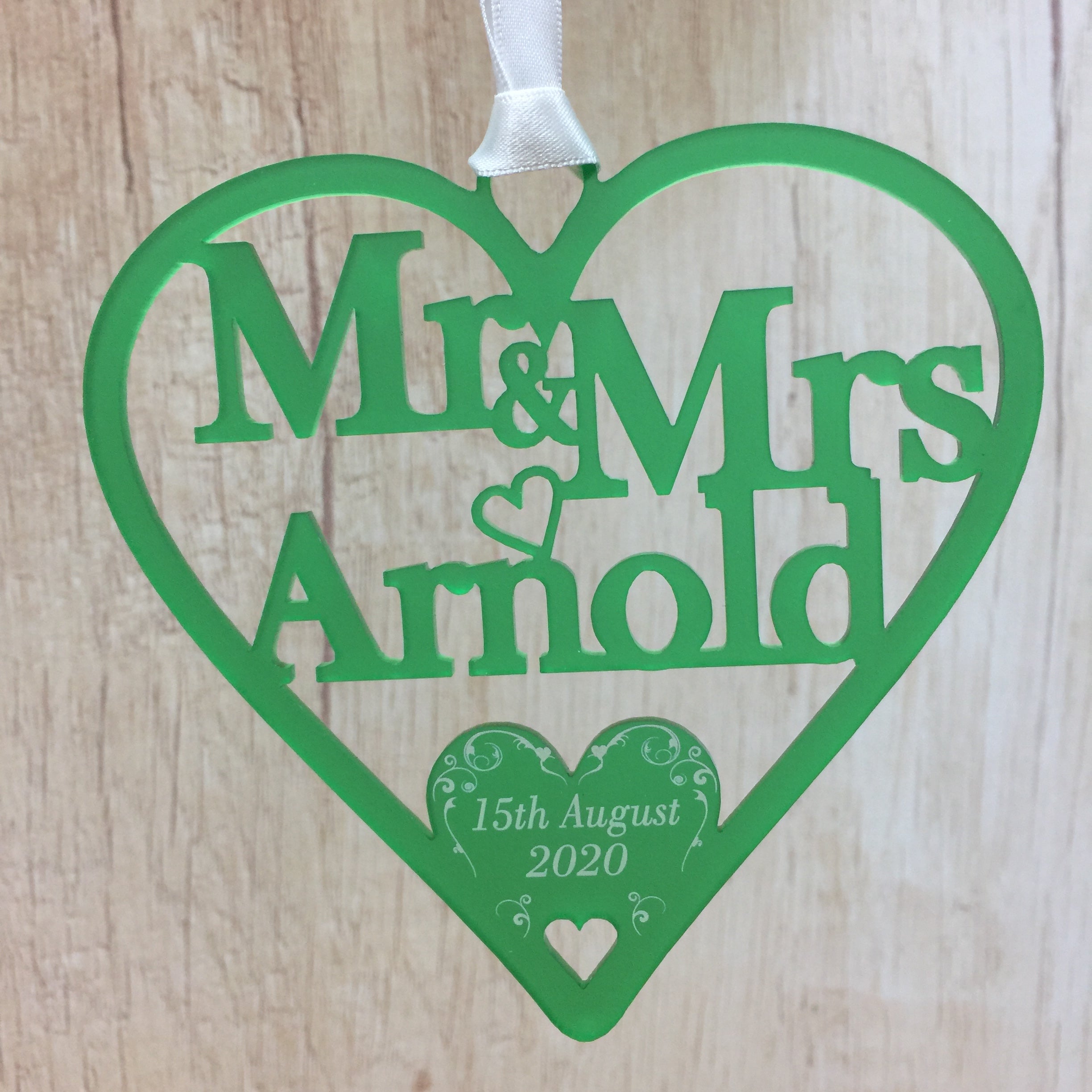 Personalised Wedding Day Gifts Swirl Love Heart Decoration - Frosted Green Acrylic