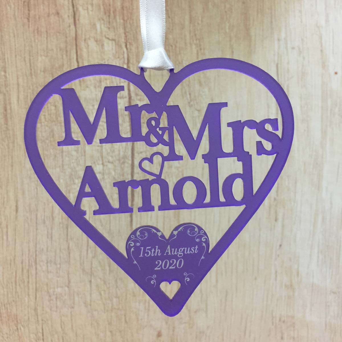 Personalised Wedding Day Gifts Swirl Love Heart Decoration - Frosted Purple Acrylic