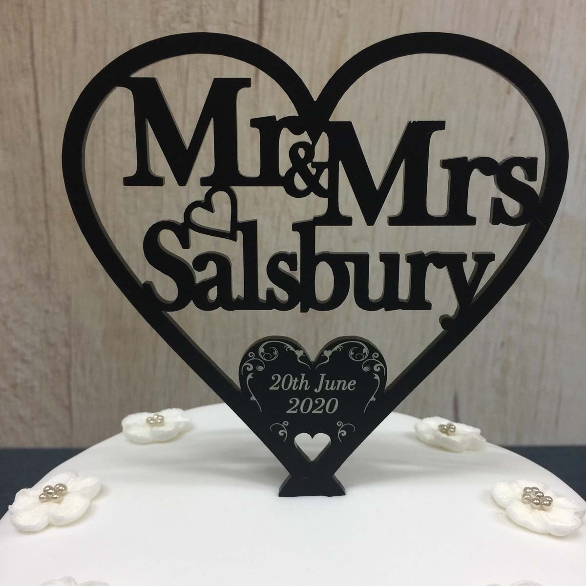 Wedding Cake Topper Swirl Love Heart Decoration - Frosted Black Acrylic