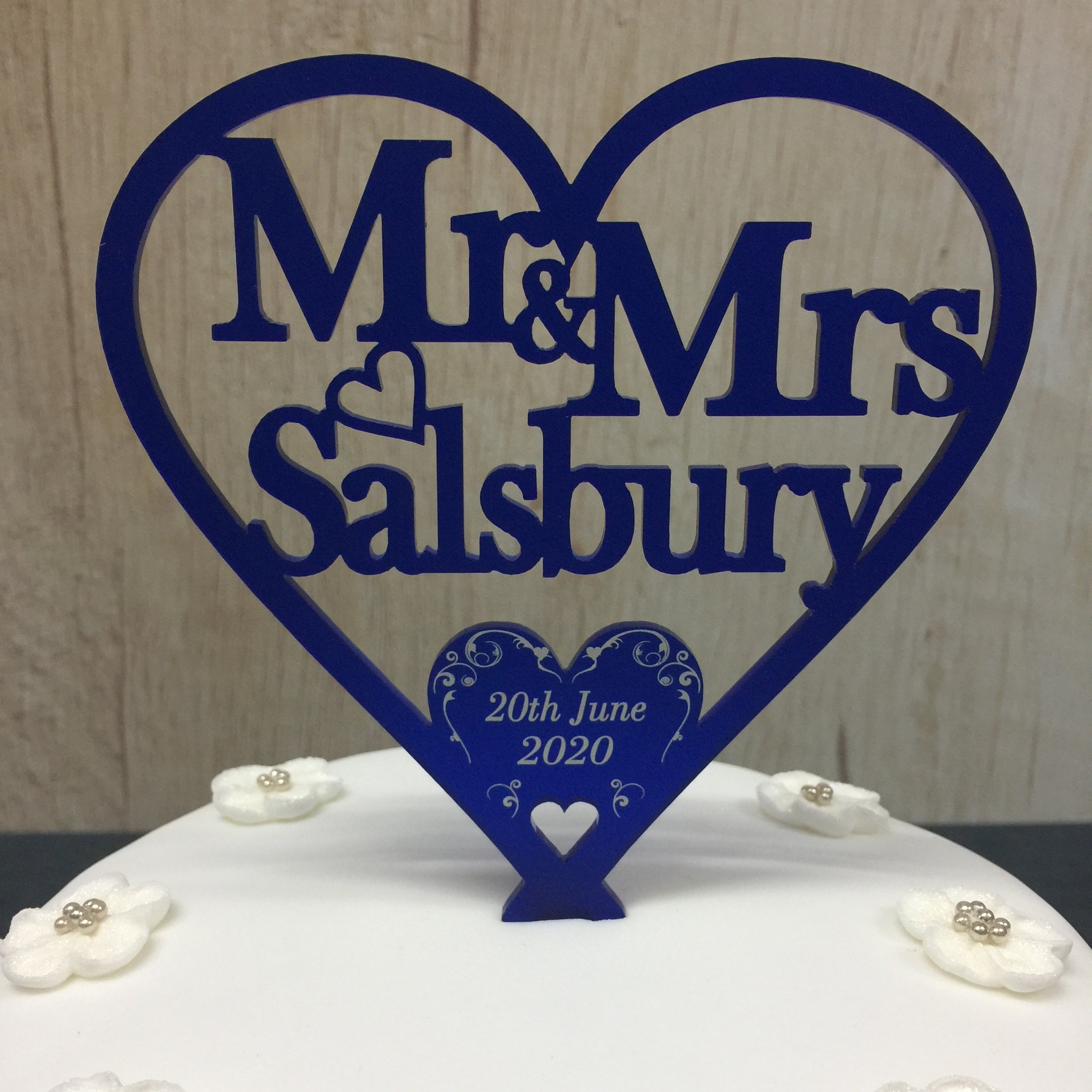 Wedding Cake Topper Swirl Love Heart Decoration - Frosted Dark Blue Acrylic