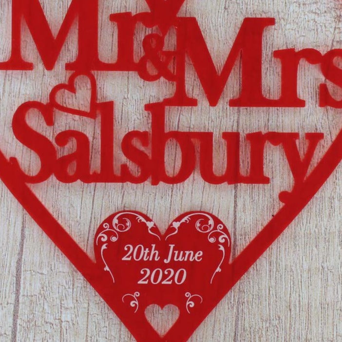 Personalised Wedding Day Gifts Swirl Love Heart Decoration - Frosted Red Acrylic