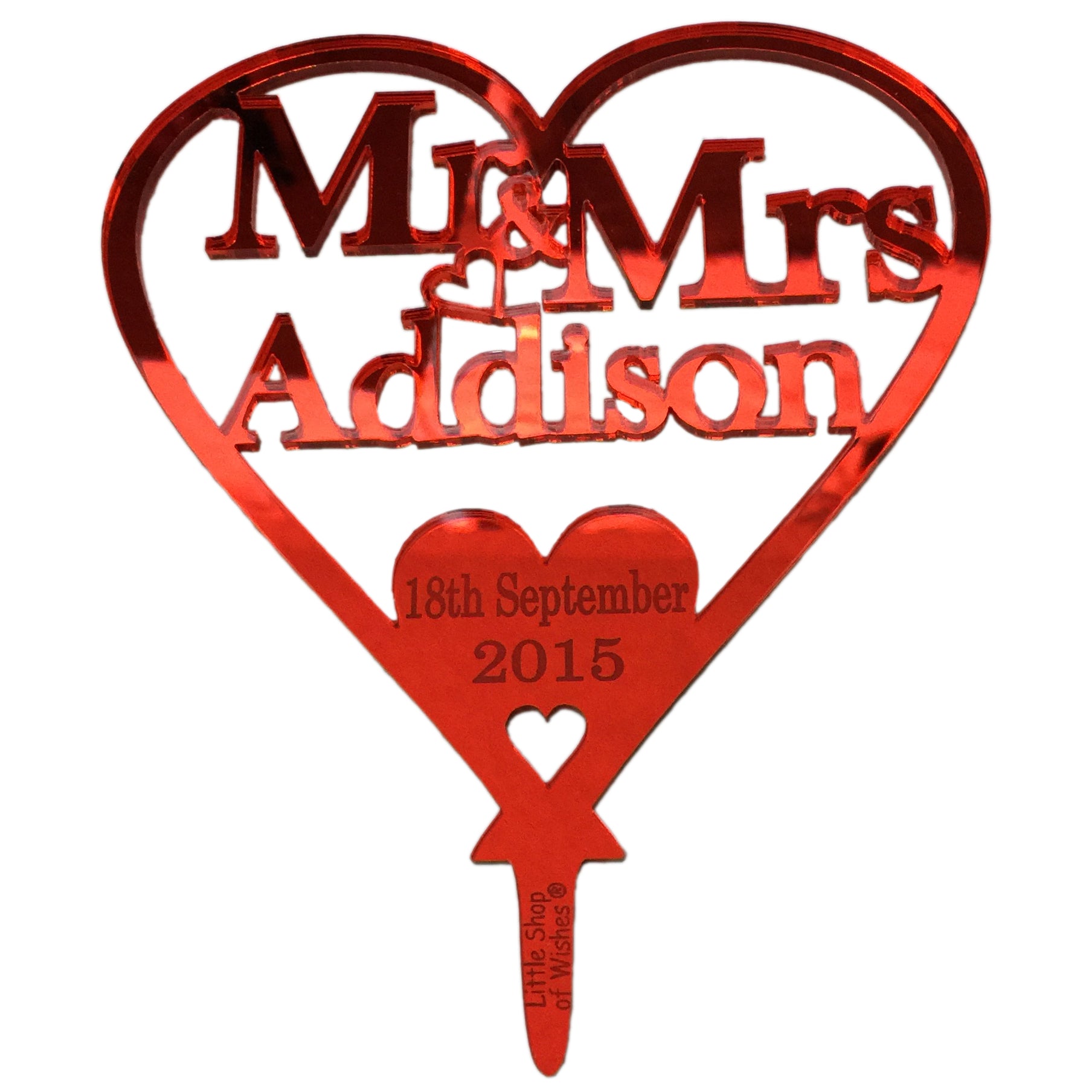 Wedding Cake Topper Love Heart Decoration - Red Mirror Acrylic