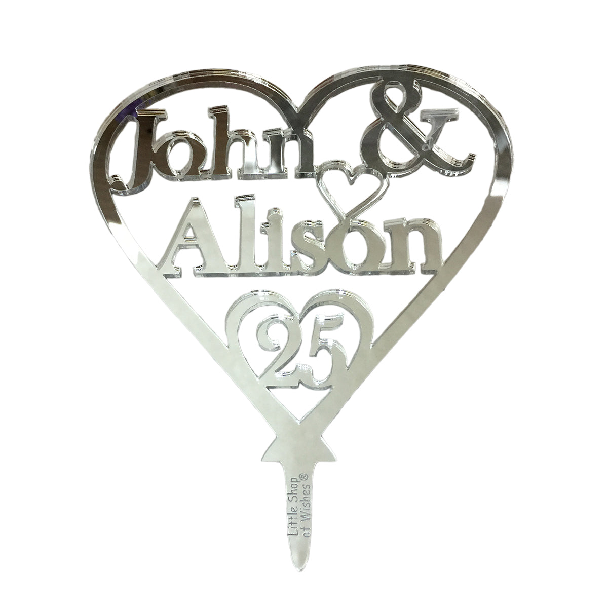 25th Silver Wedding Anniversary Cake Topper Love Heart Decoration - Silver Mirror Acrylic