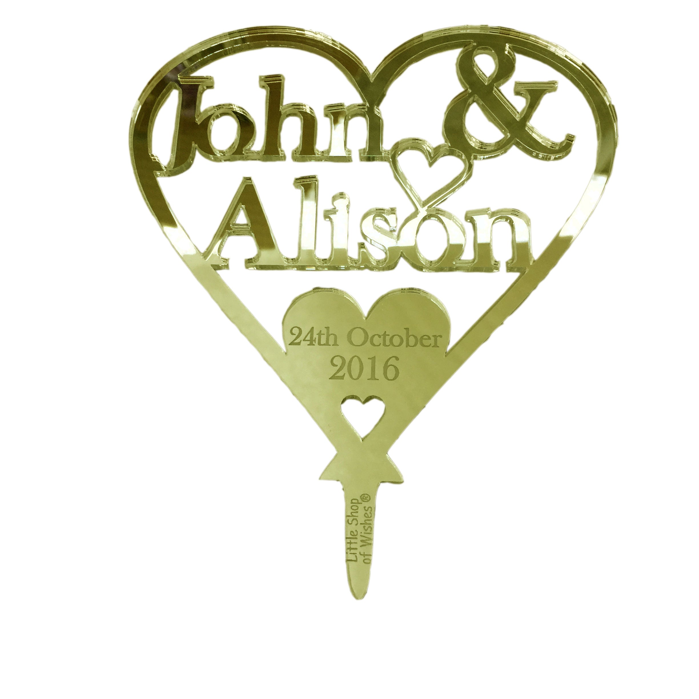 Two Names Heart Cake Topper Personalised Wedding / Anniversary Decoration - Gold Mirror Acrylic