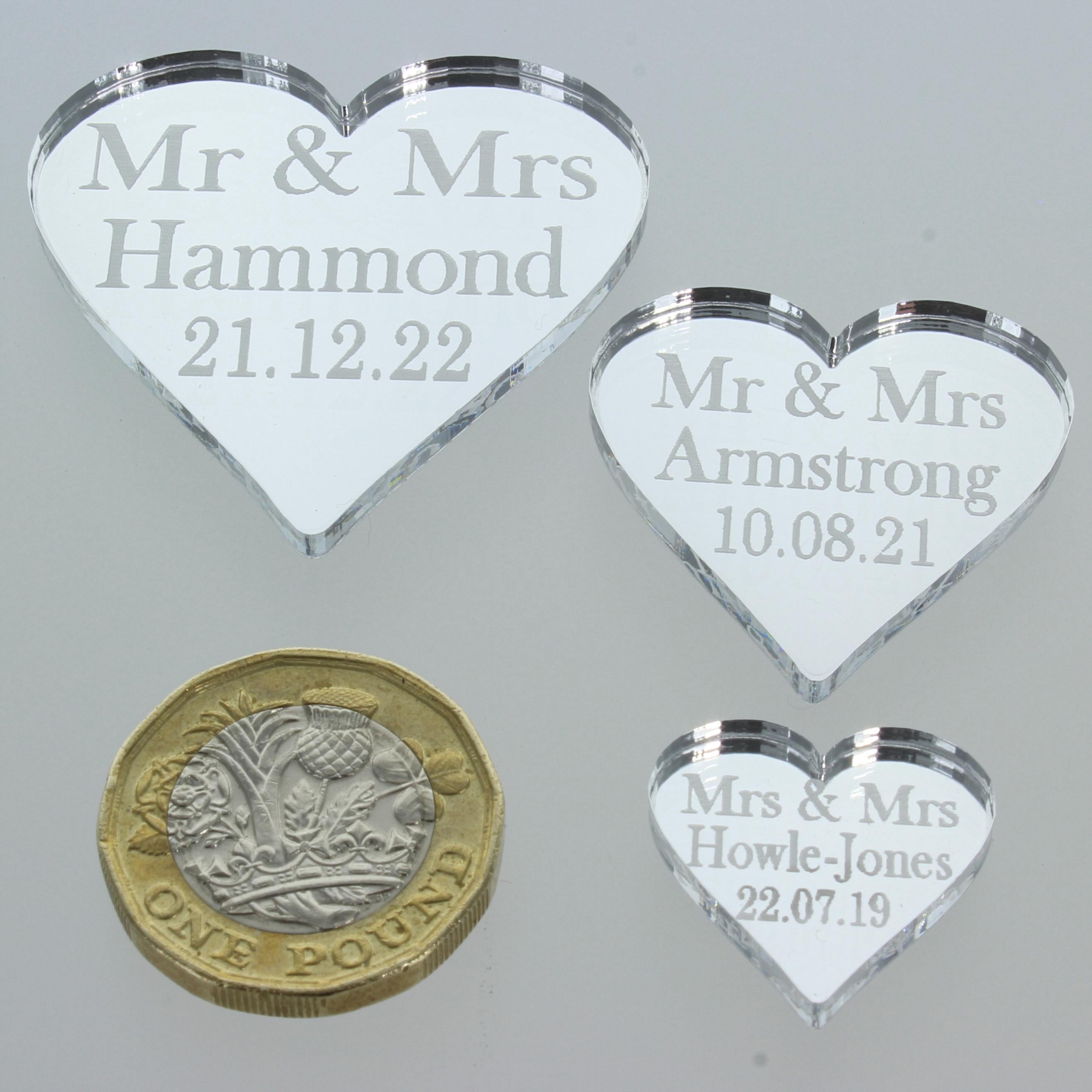 Personalised Wedding Favours - Silver Mirror Acrylic Love Hearts