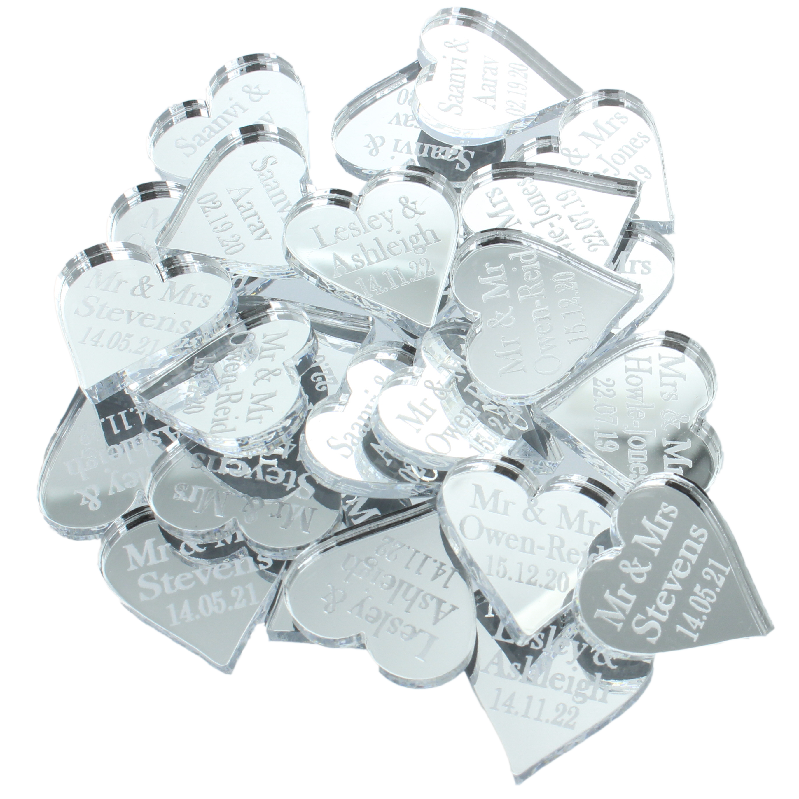 Personalised Wedding Favours - Silver Mirror Acrylic Love Hearts